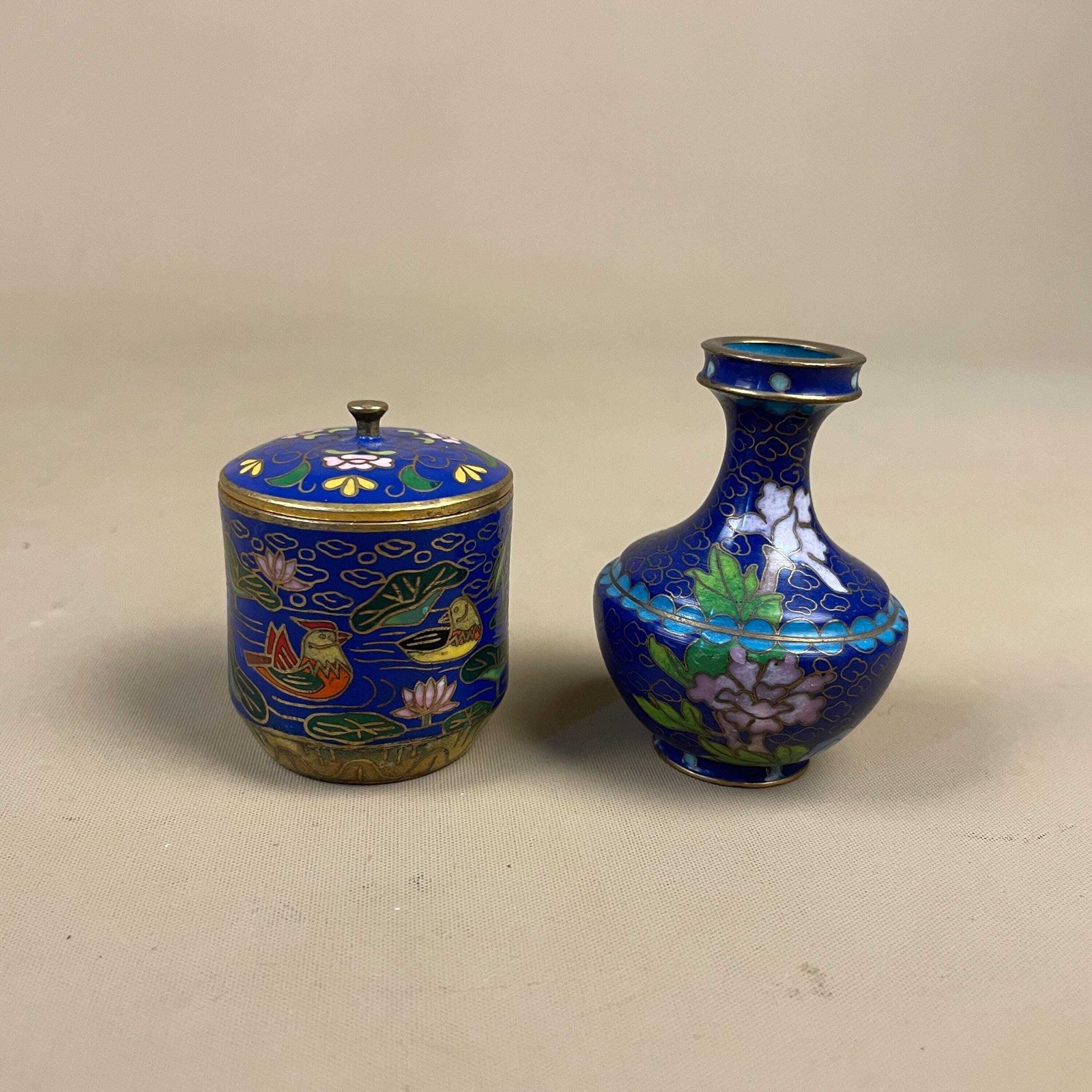 Chinese Cloisonne Enamel Pots Pair Blue Floral Lidded Jar And Vase Oriental Decor Small Collectible Display For Shelf photo Home Decor
