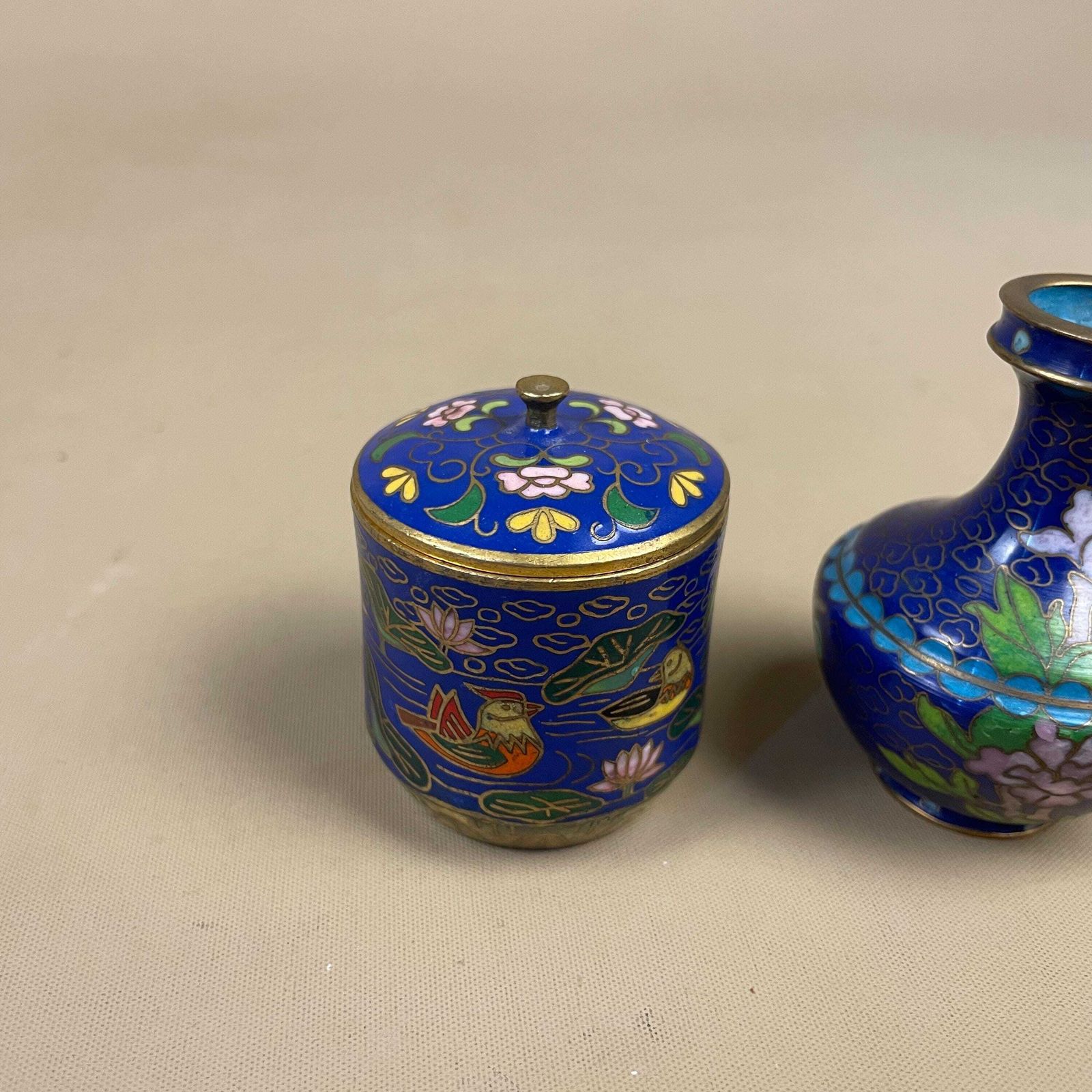 Chinese Cloisonne Enamel Pots Pair Blue Floral Lidded Jar And Vase Oriental Decor Small Collectible Display For Shelf photo 55.0