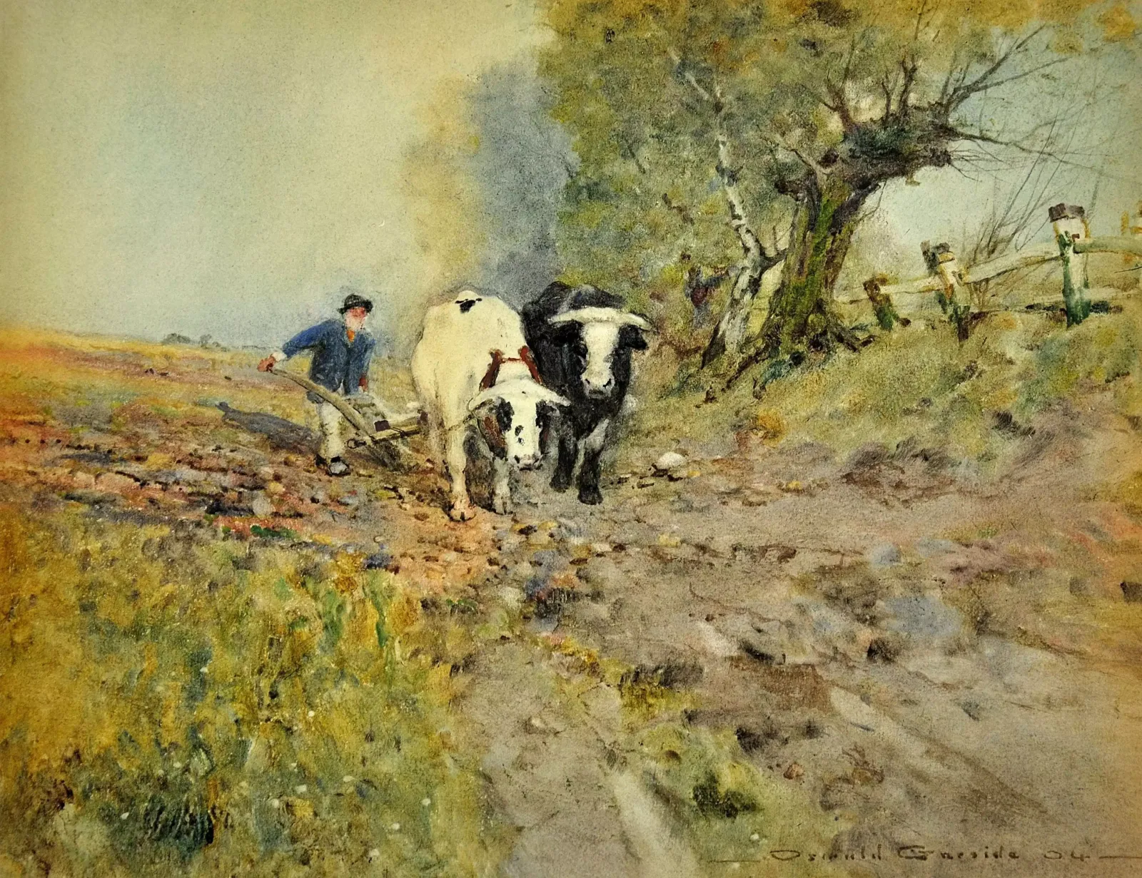 Oswald Garside, 1879-1942. Anglais. Bêtes de somme, labourage. Aquarelle encadrée, 1904. Liverpool & Manchester Academies Of Fine Arts photo furniture