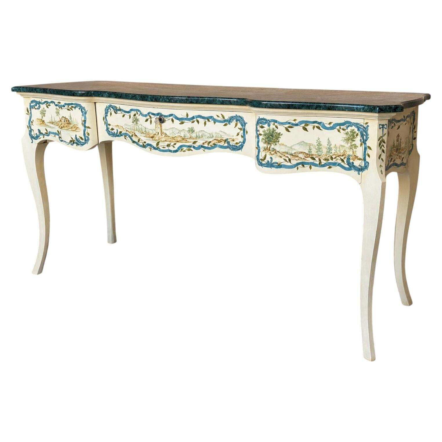 Hand Painted French Provincial Console Table With Green Marble Top And Drawers