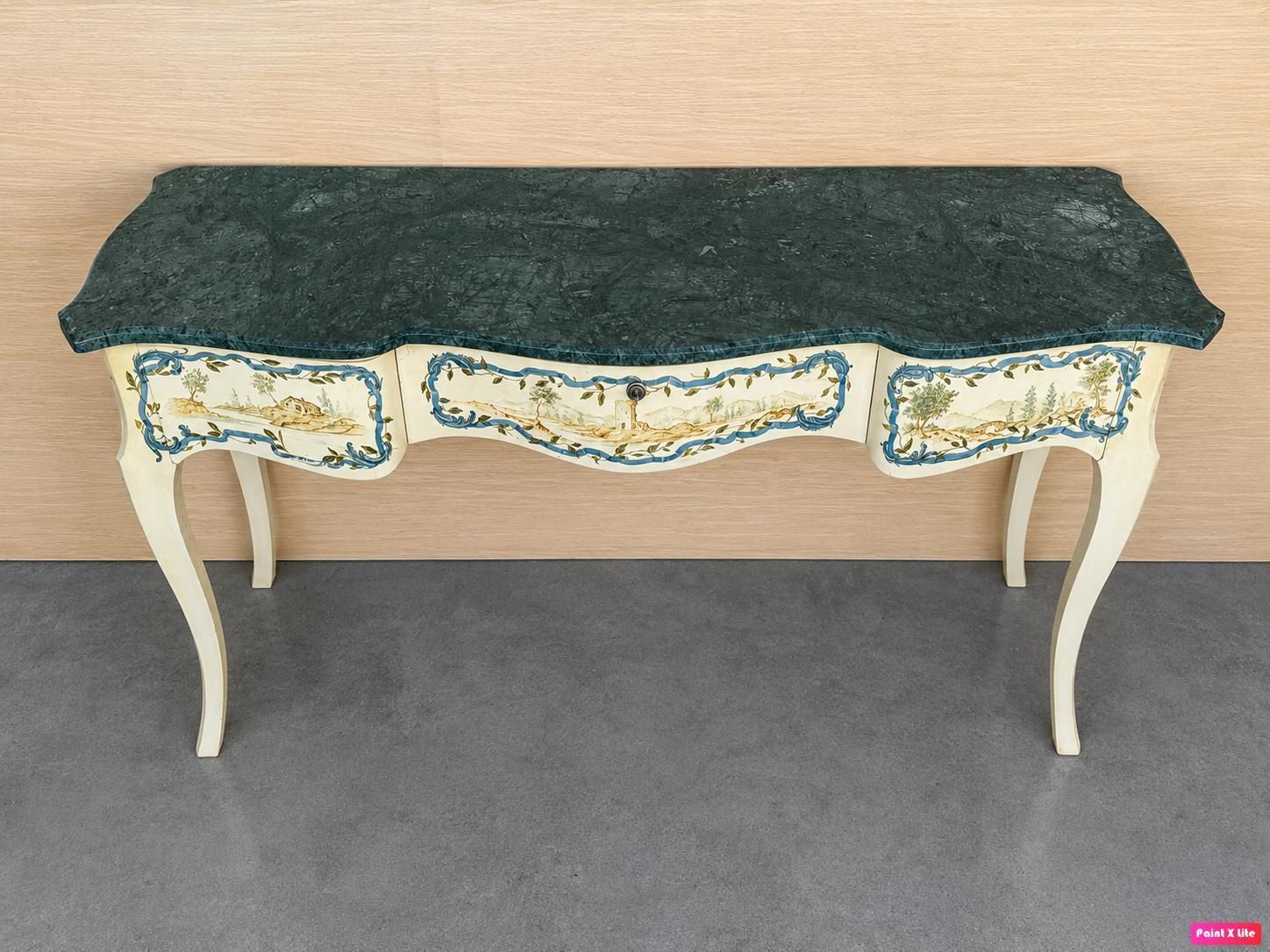 Console de style provincial français peinte à la main, plateau en marbre vert et tiroirs photo vinterior