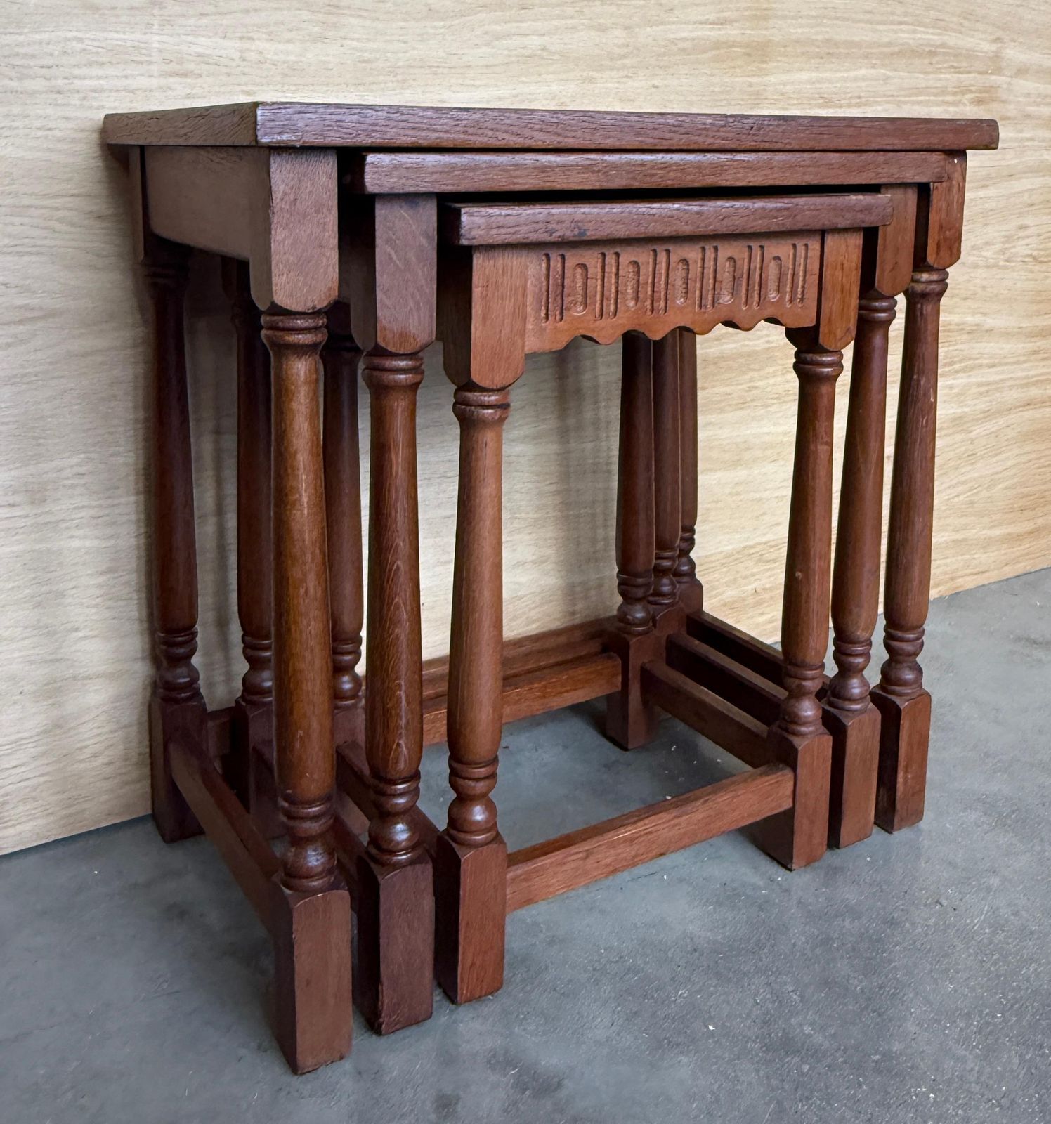 Antique Nesting Tables Made Of Solid Wood With Turned Legs And Handcrafted Details photo 1364.0