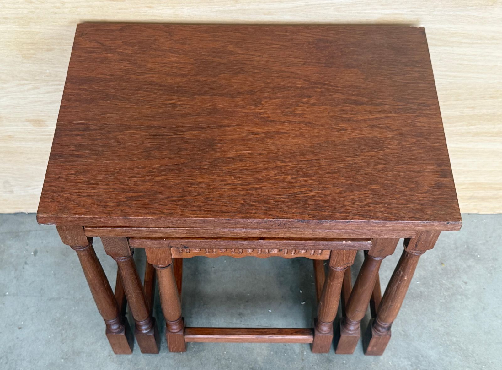 Antique Nesting Tables Made Of Solid Wood With Turned Legs And Handcrafted Details photo vintage