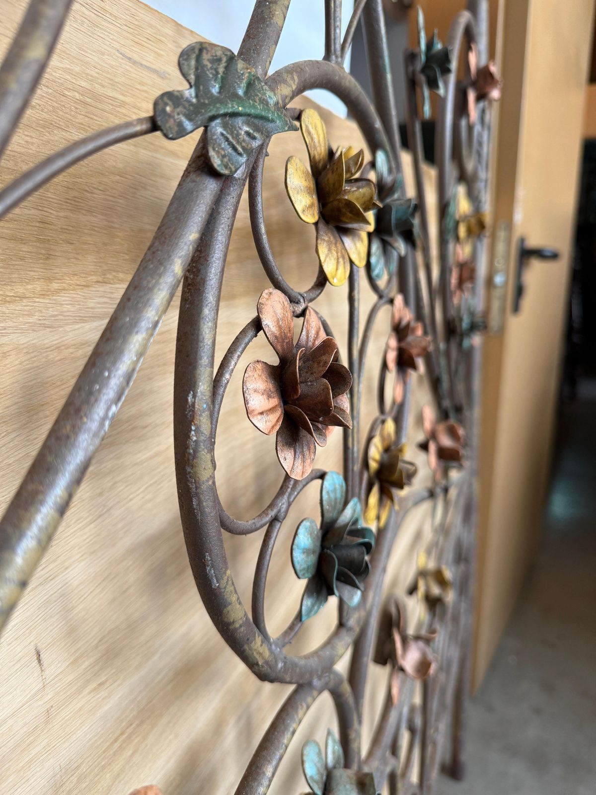 Antique Wrought Iron Floral Headboard With Hand Painted Decorative Flowers photo vinterior