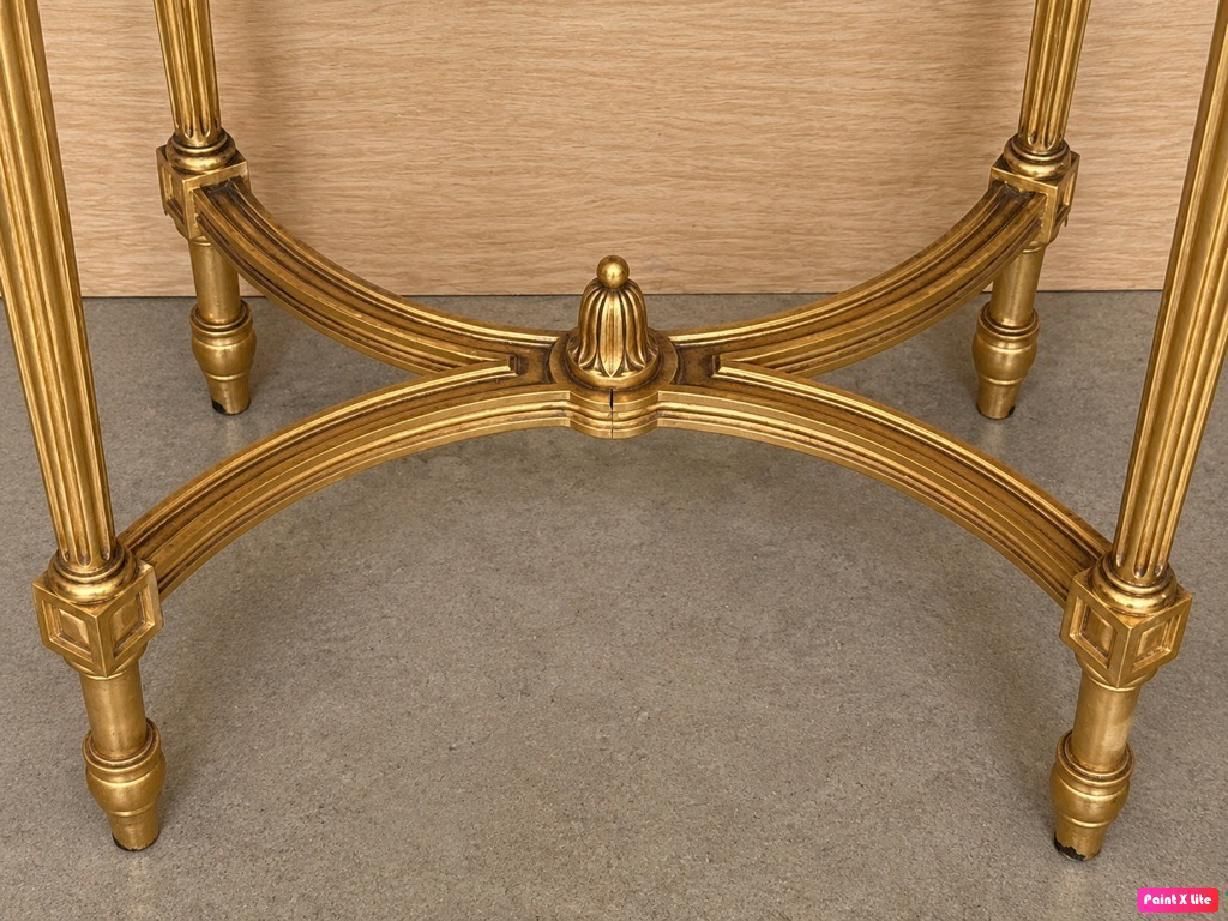 Console ovale d'époque de style Louis XVI dorée à quatre pieds photo buy