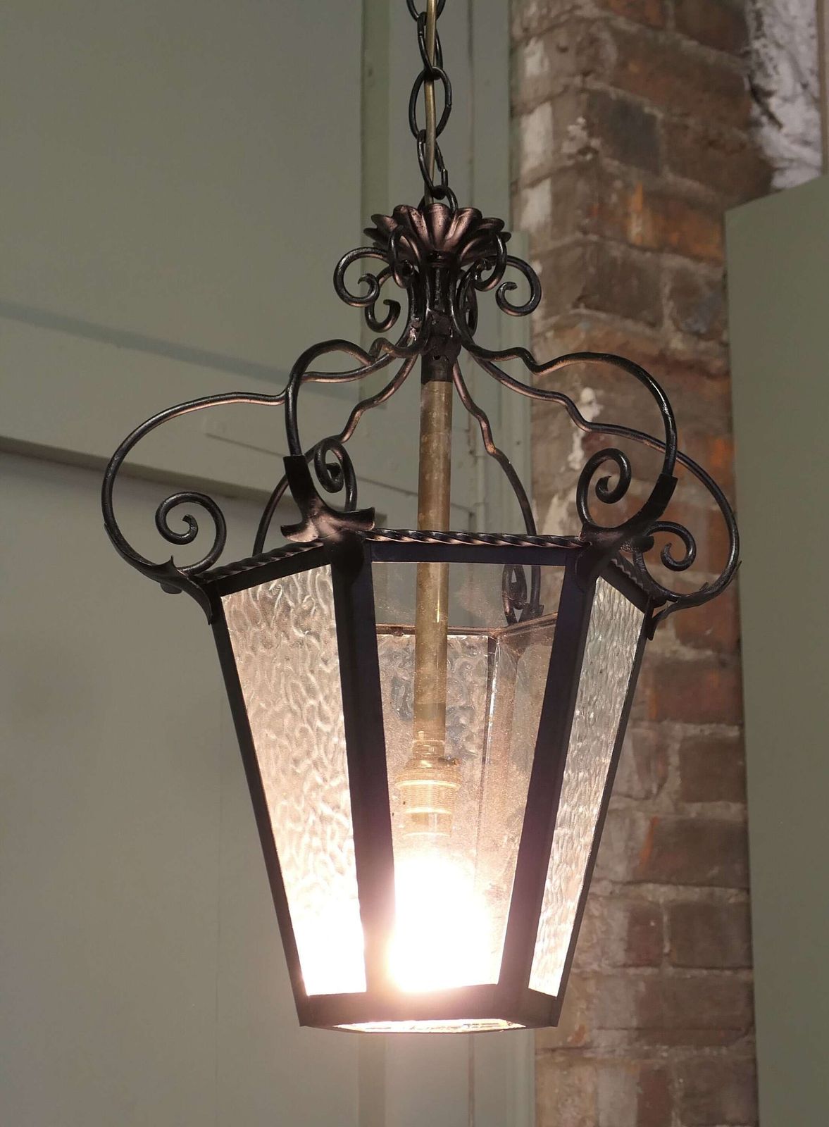 Wrought Iron Arts & Crafts Lantern This Impressive Piece Is Made In Glass photo for sale