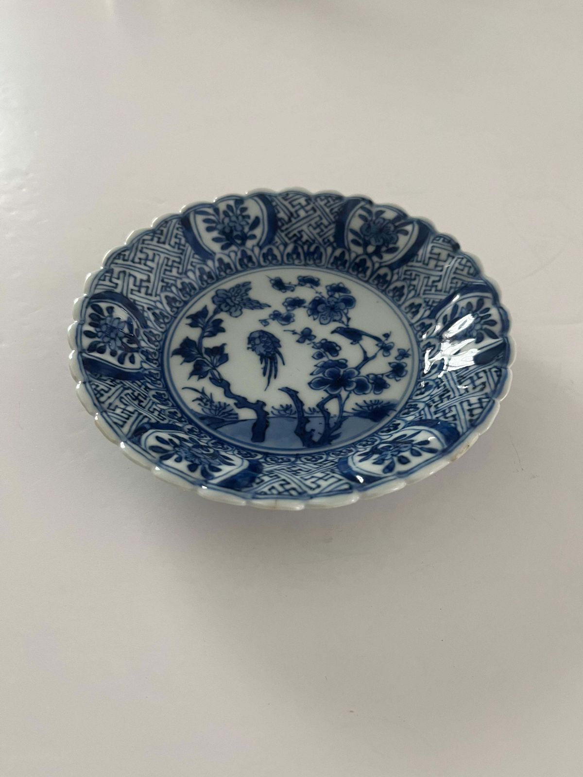 Kangxi Periode Blauw en Wit Porseleinen Schoteltje, Fungusmerkteken, ca. 1700 photo for sale