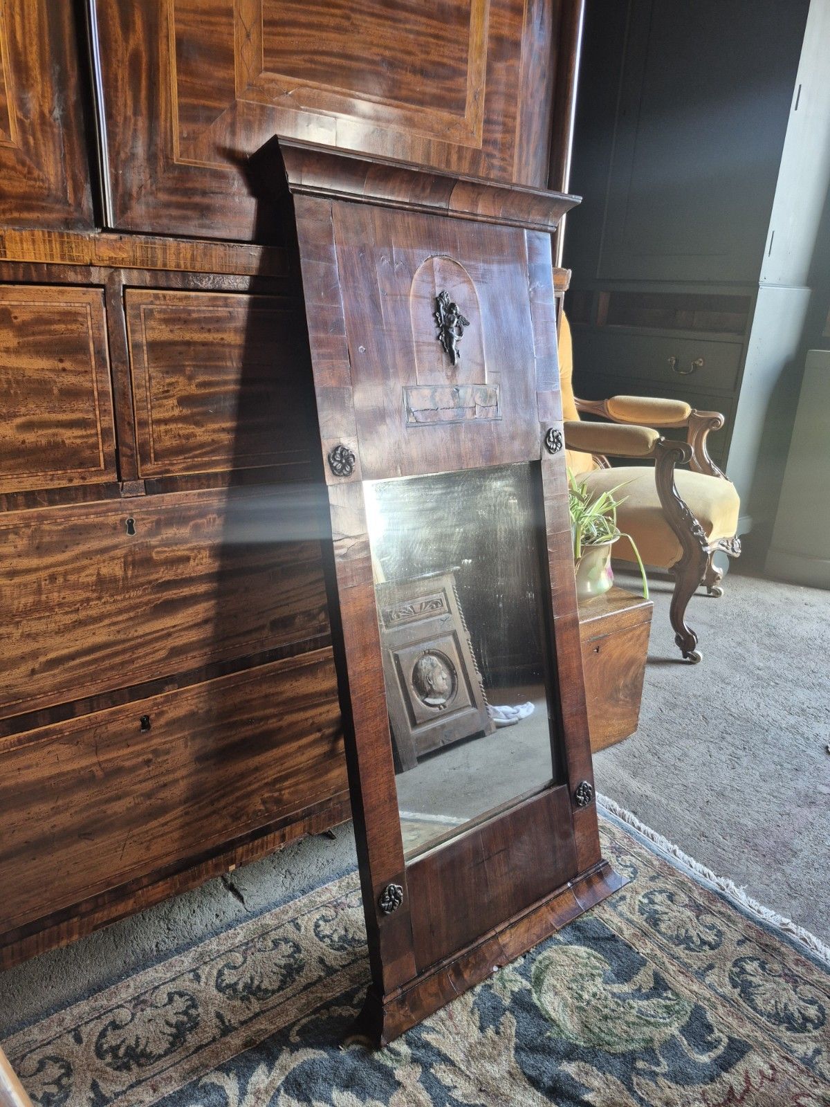 An Amazing 19th C Italian Pier Mirror Winged Putti , Satine, Walnut And Poplar photo Home Decor