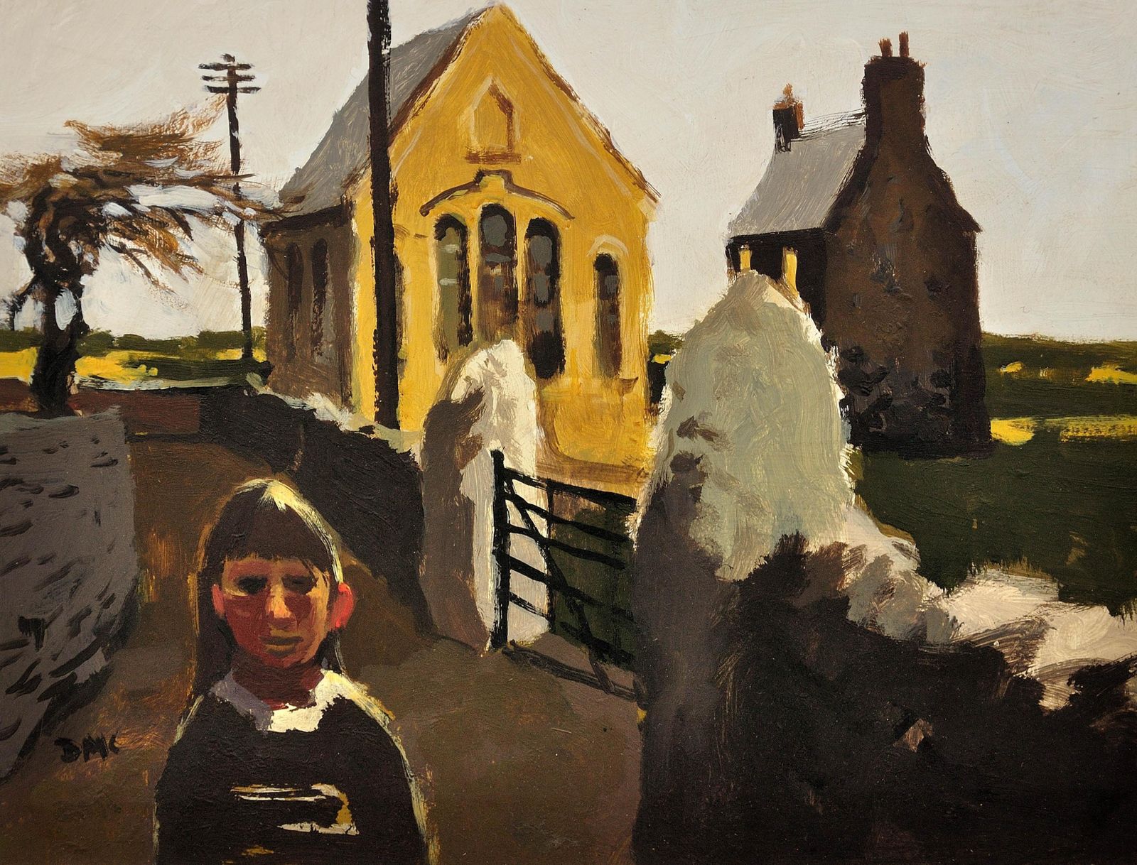 Donald McIntyre, 1923-2009. Girl And Chapel, North Wales. Huile post-impressionniste coloriste, encadrée. photo furniture