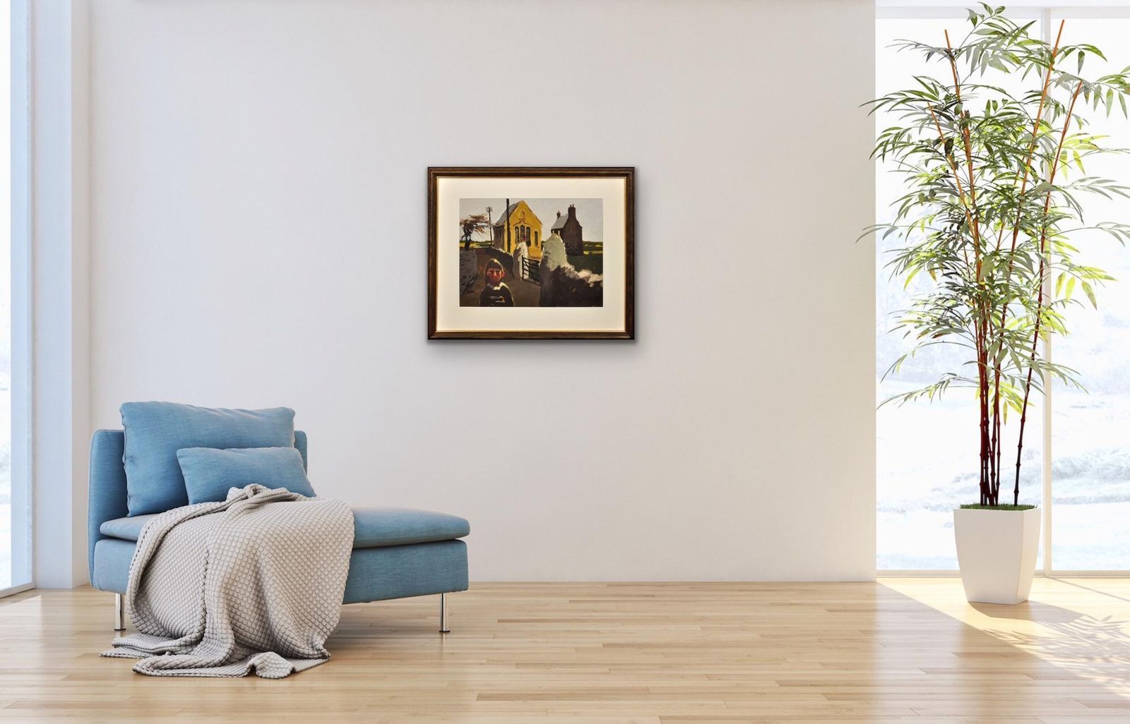 photo furniture Donald McIntyre 1923 tot 2009. Girl And Chapel, North Wales. Ingelijst coloristisch postimpressionistisch olieverfwerk.