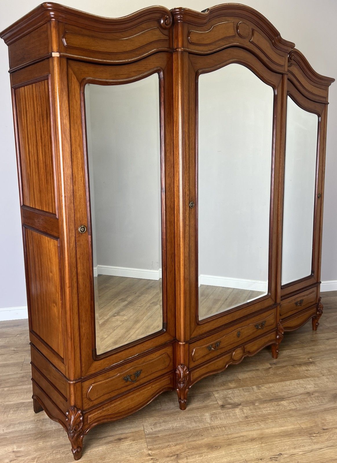 Wardrobe Antique French Mahogany Three Door Mirrored Carved Armoire Lot 6127