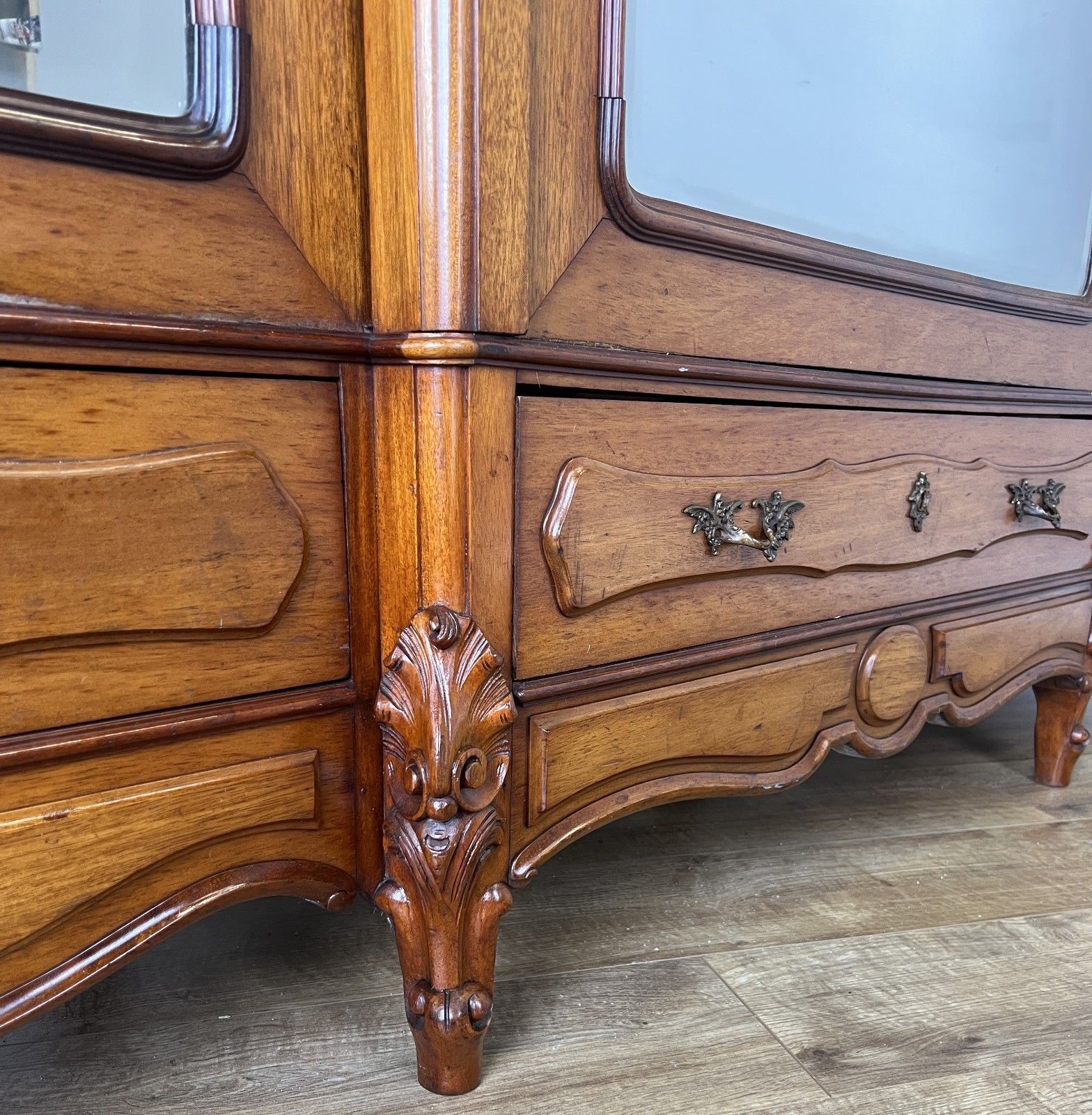photo for sale Wardrobe Antique French Mahogany Three Door Mirrored Carved Armoire Lot 6127