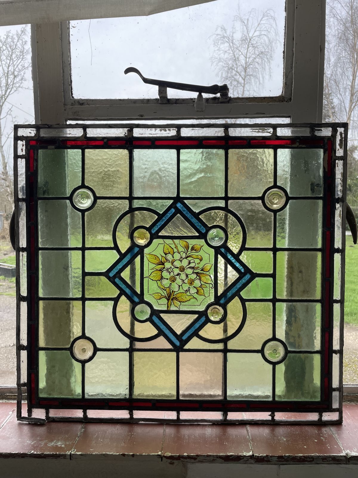 Antique Stained Glass Window Panel   Hand Painted Central Floral Pattern C.1890