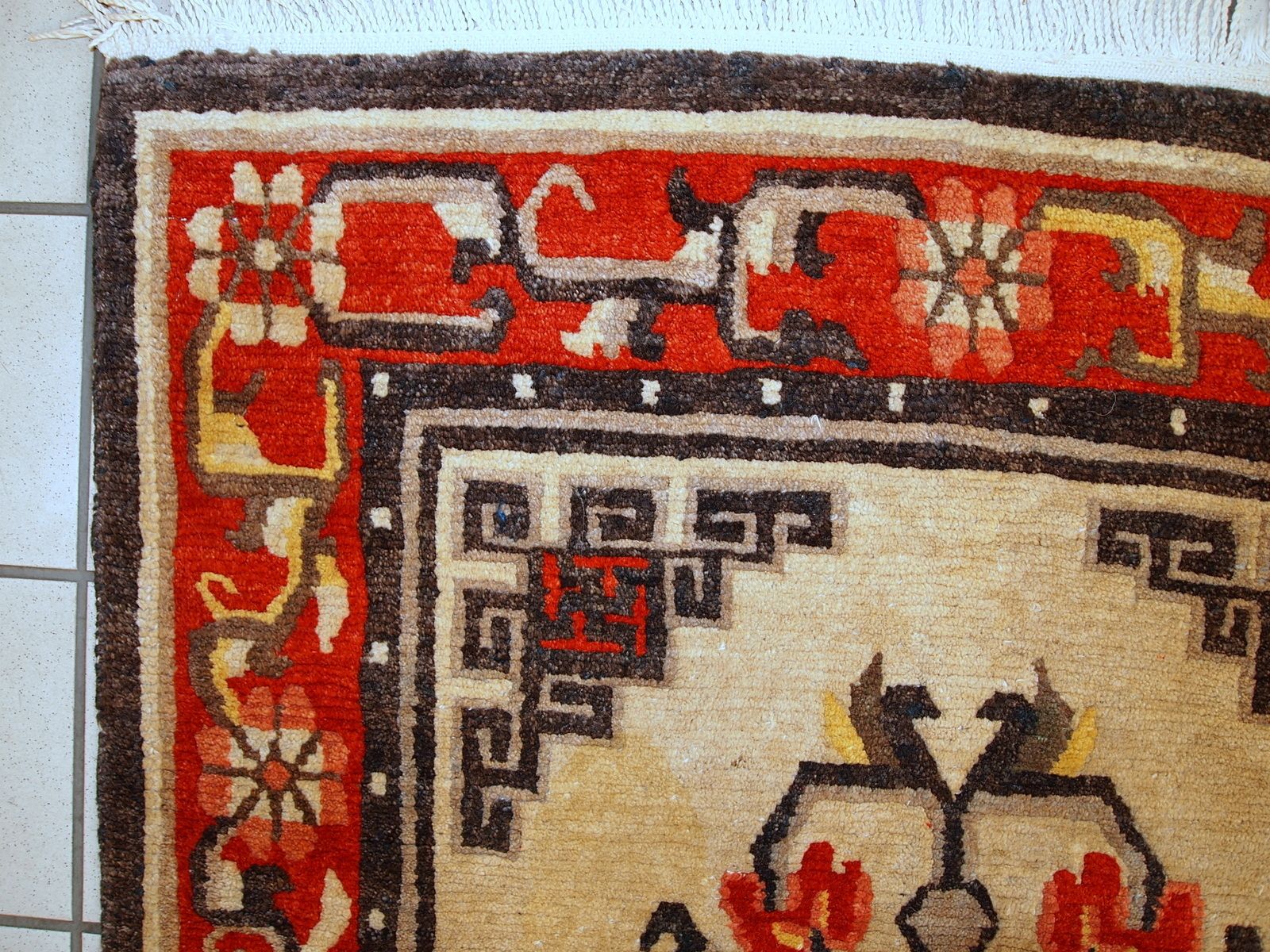 Vintage Mongolian Wool Rug 2.9' X 5.2' Beige Tribal Red Border 1970s photo furniture