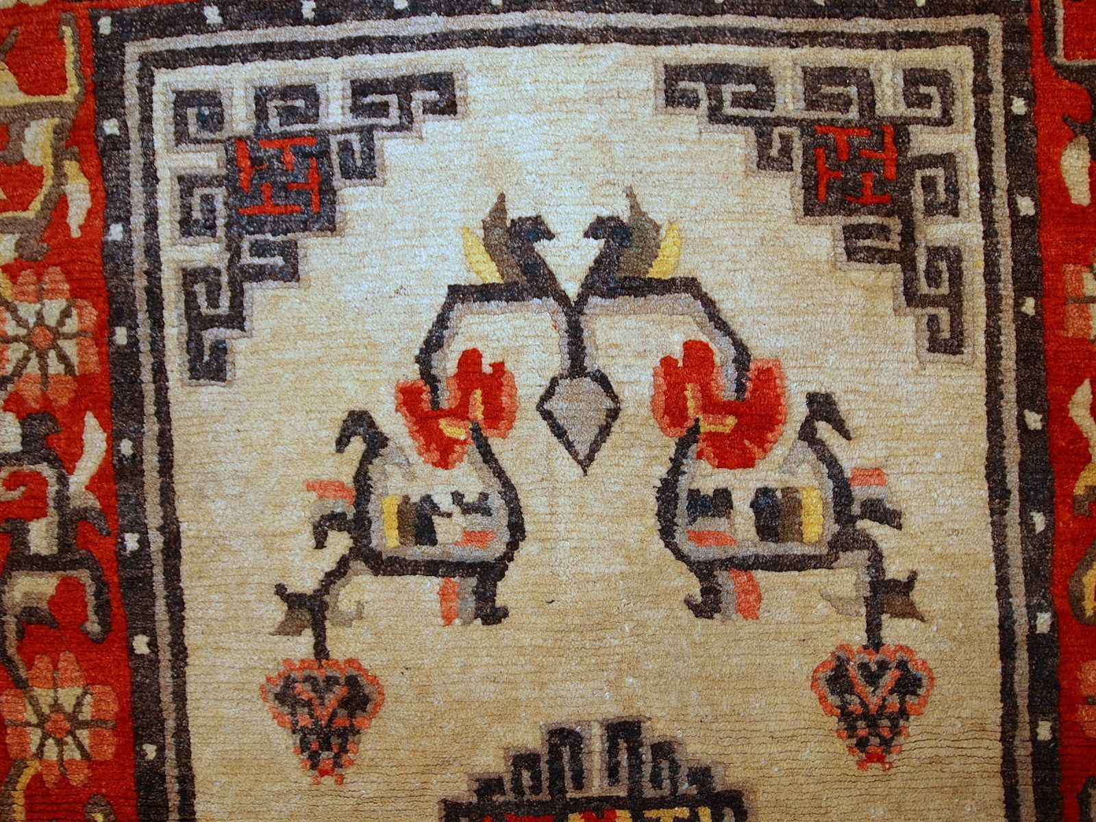 Vintage Mongolian Wool Rug 2.9' X 5.2' Beige Tribal Red Border 1970s photo 390.0
