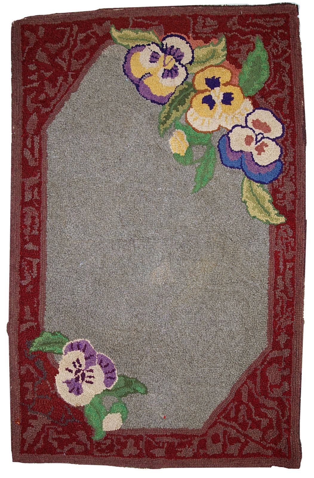 Tapis crocheté américain d'époque en laine grise, années 1920, 2' x 3,3'
