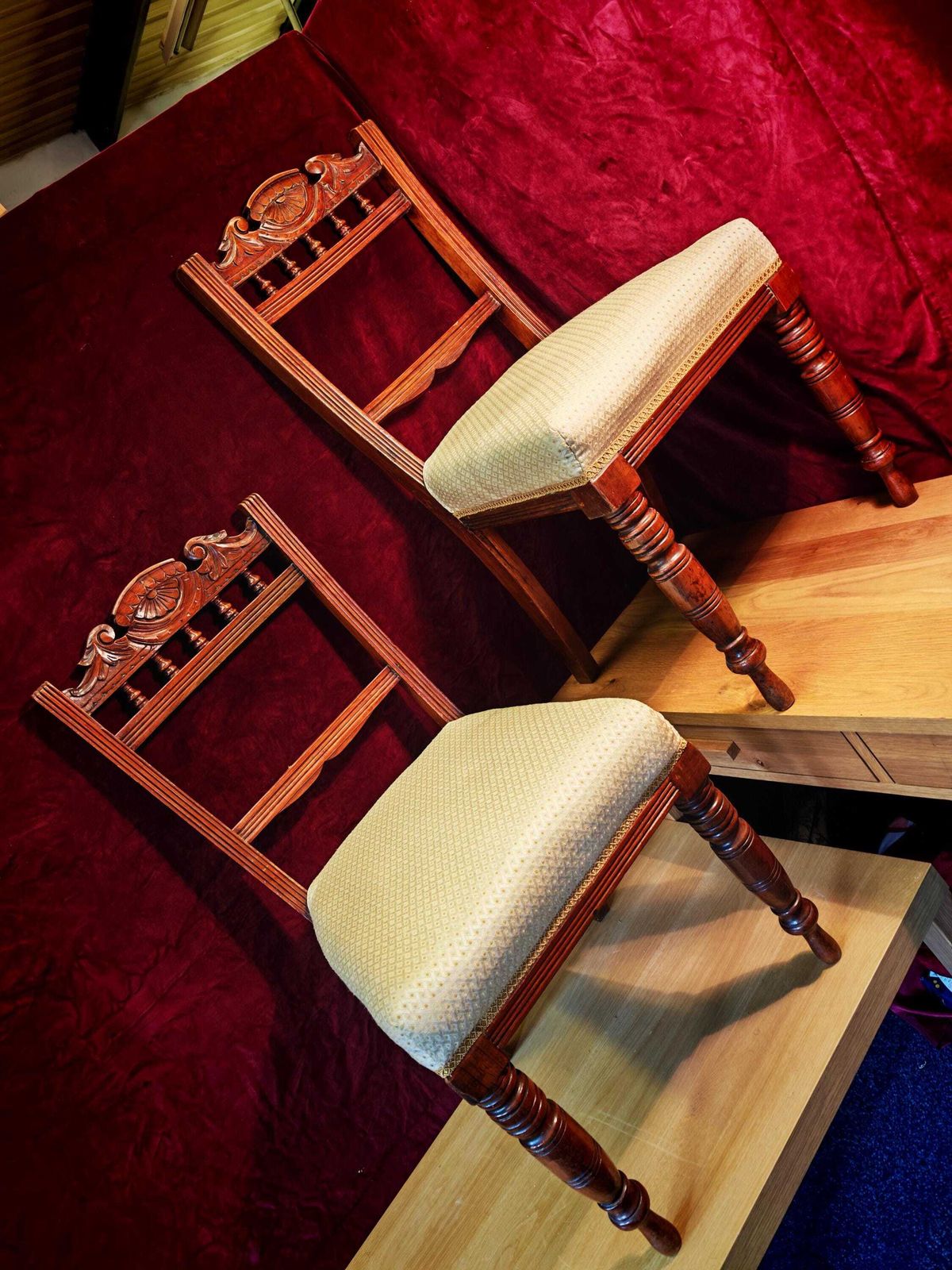 Antique Victorian Dining Chair Pair. Mahogany. Off White And Gold Plain Decor. 91cm Tall. Very Good Condition photo for sale