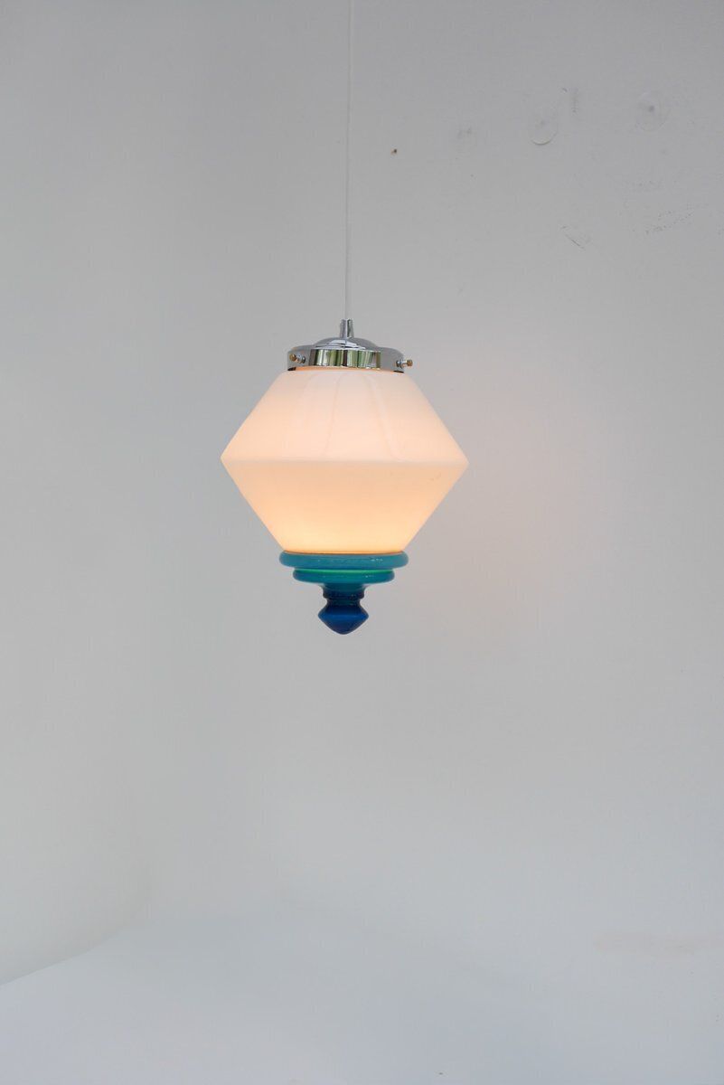 Scandinavian Art Deco Milk Glass Pendant Light With Azure Blue Details, 1930s photo 650.0