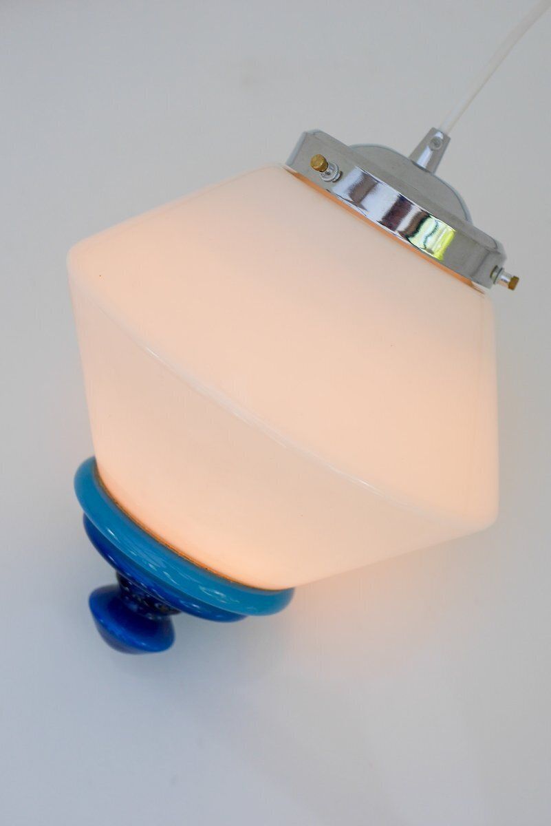 Scandinavian Art Deco Milk Glass Pendant Light With Azure Blue Details, 1930s photo buy