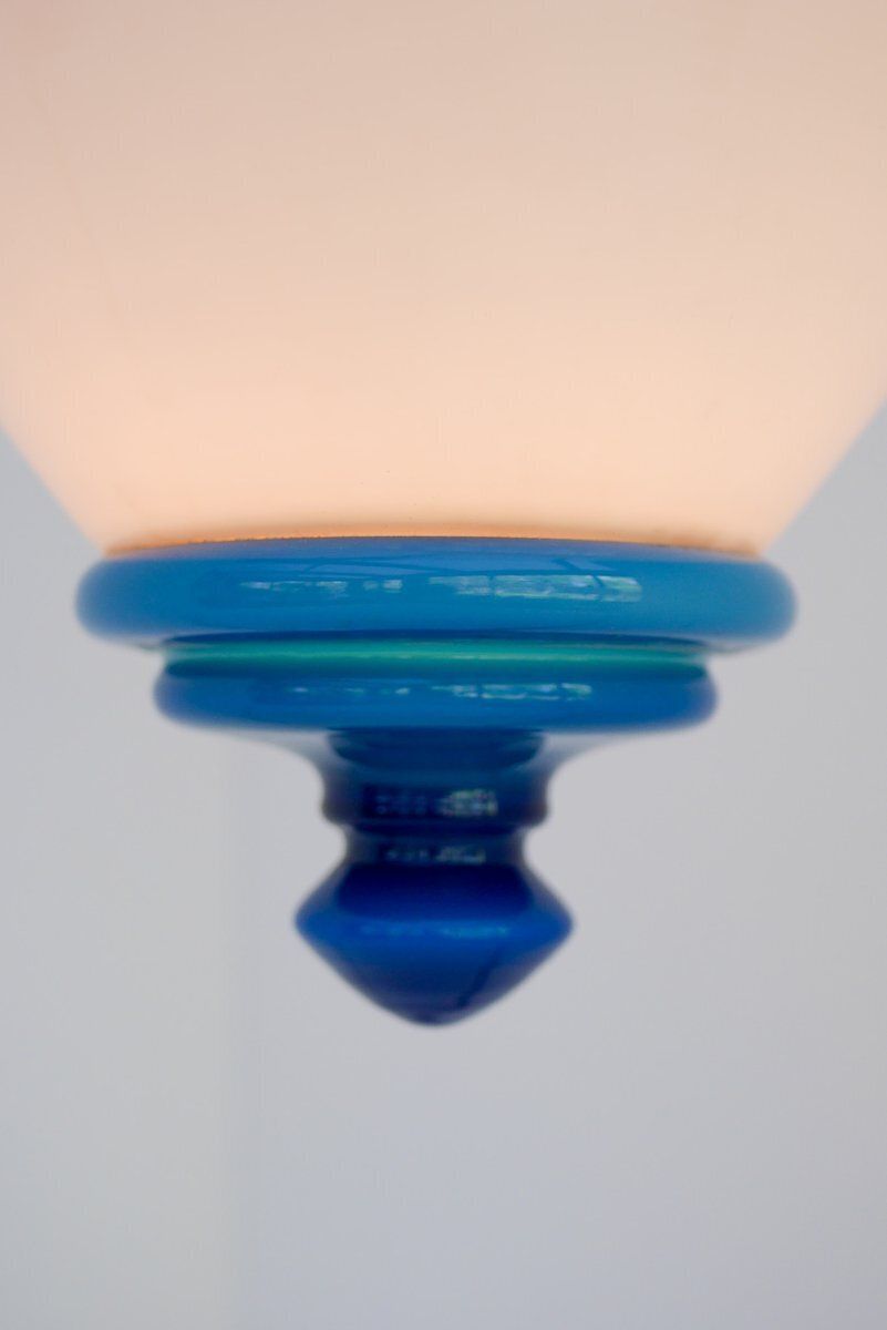photo vinterior Scandinavian Art Deco Milk Glass Pendant Light With Azure Blue Details, 1930s