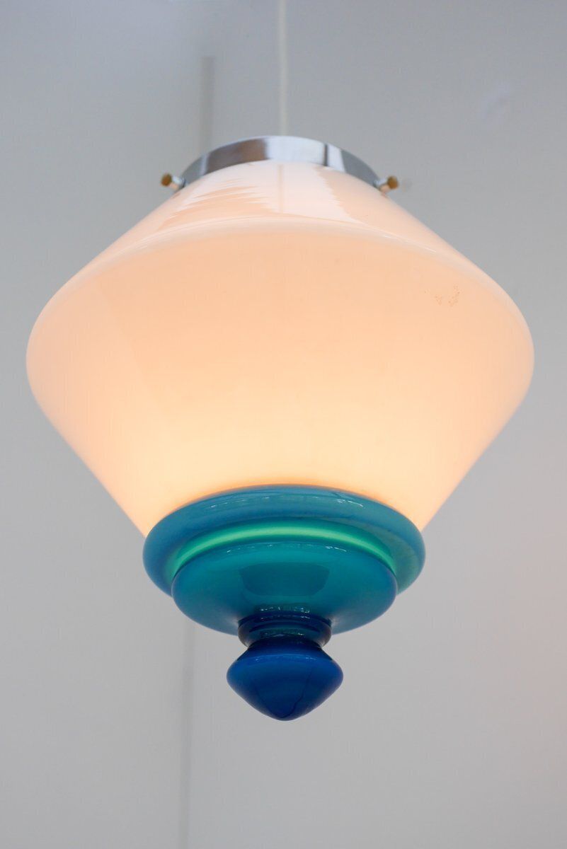 photo vintage Scandinavian Art Deco Milk Glass Pendant Light With Azure Blue Details, 1930s