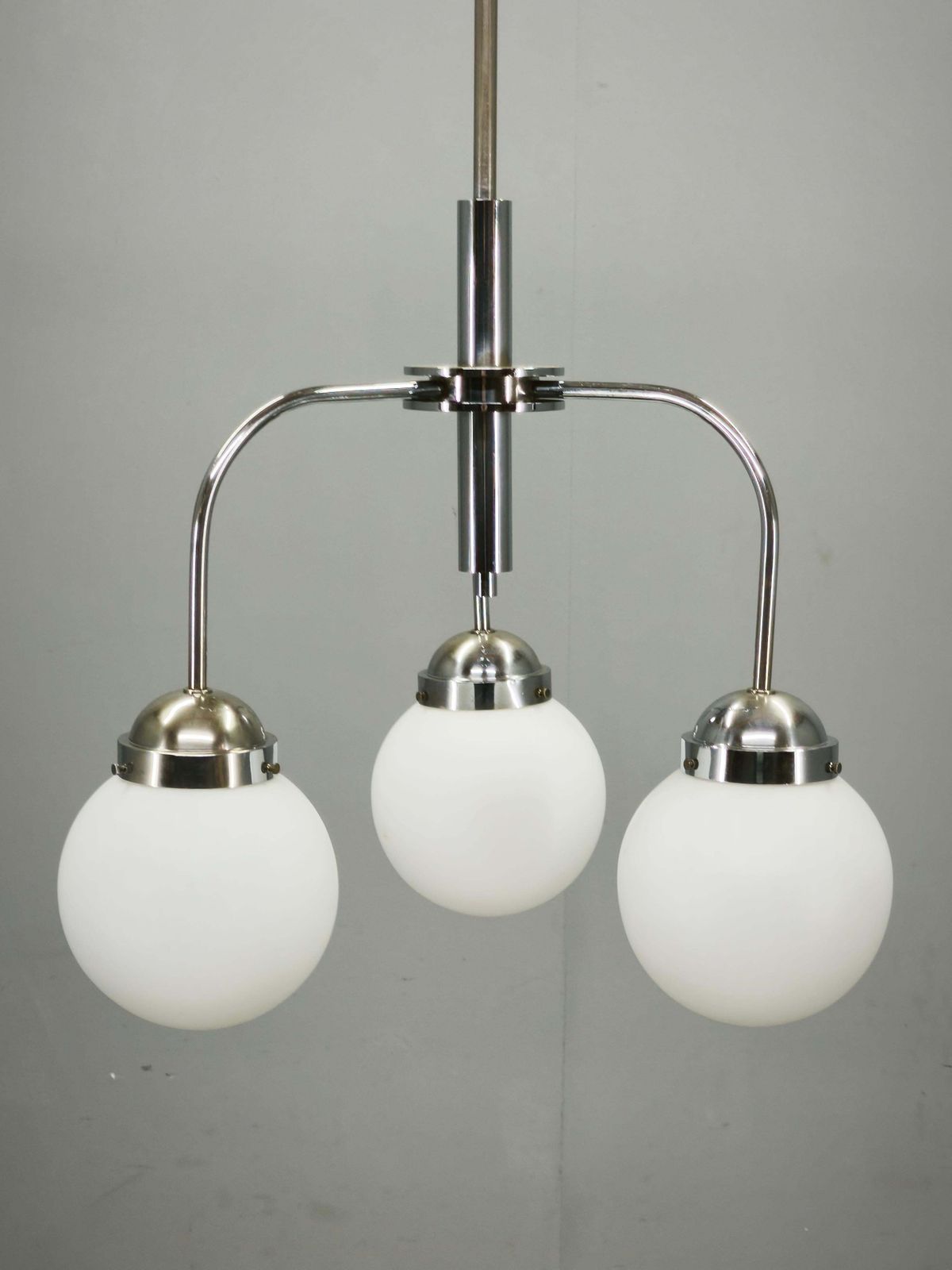 photo vinterior 1940s Czech Bauhaus Chandelier With Opaline Glass Globes