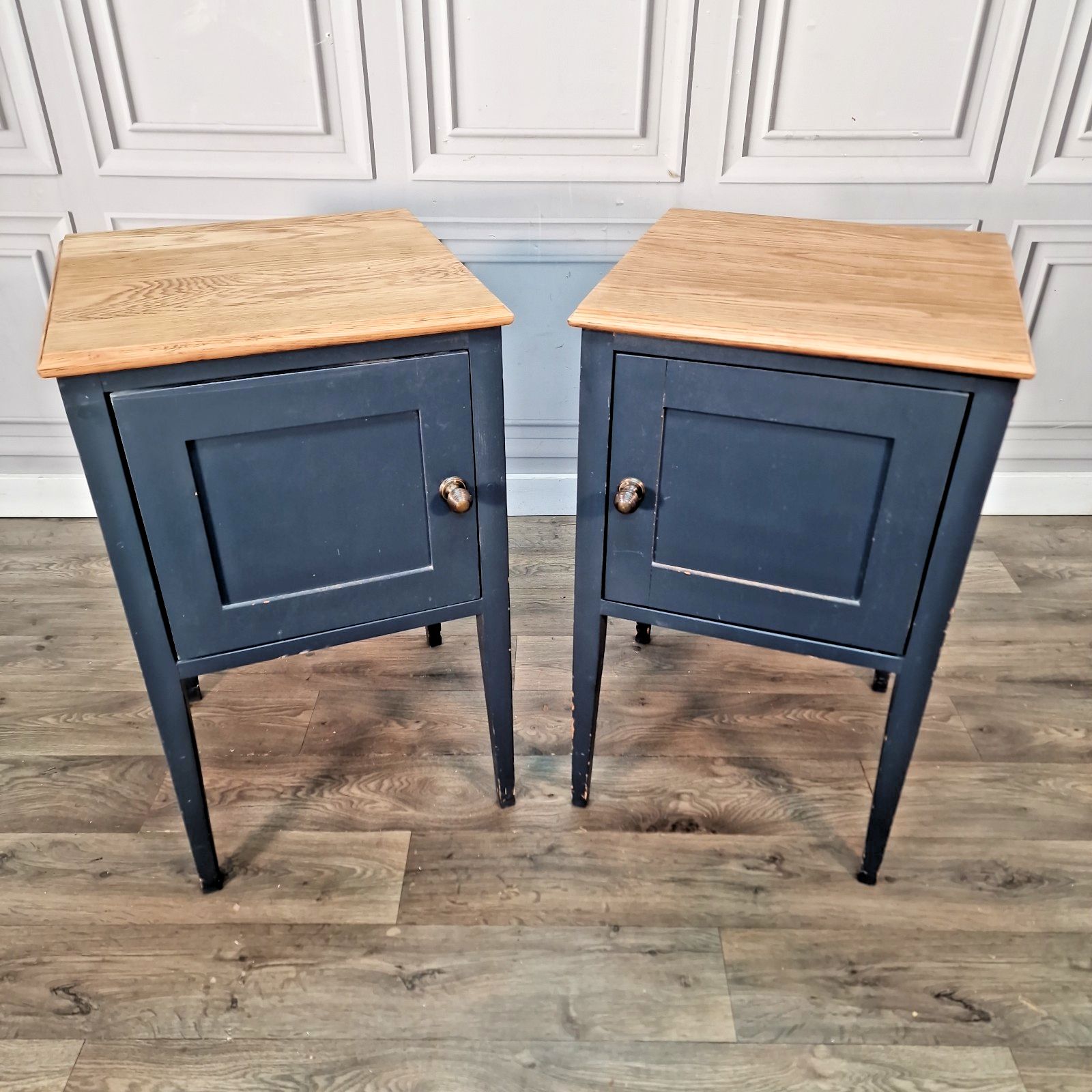 Vintage Pair Bedside Cabinets Painted Oak Top Wooden Nightstands Pot Cupboards photo furniture
