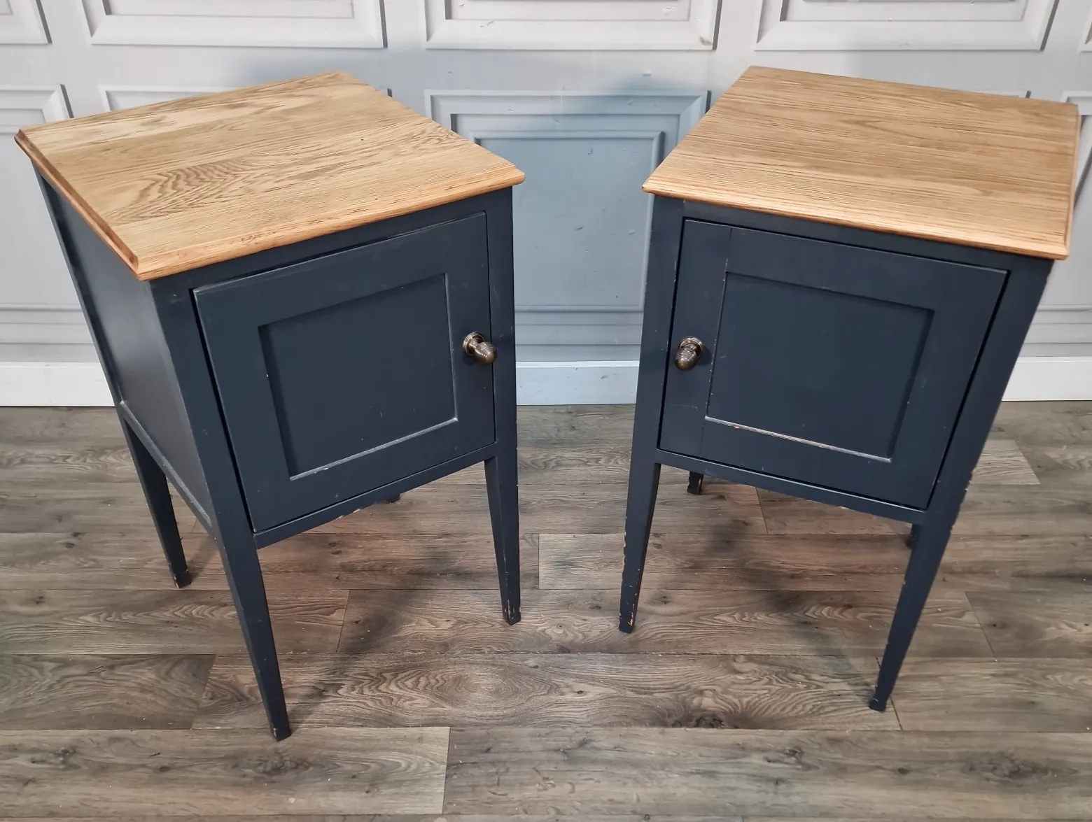 Vintage Pair Bedside Cabinets Painted Oak Top Wooden Nightstands Pot Cupboards photo for sale