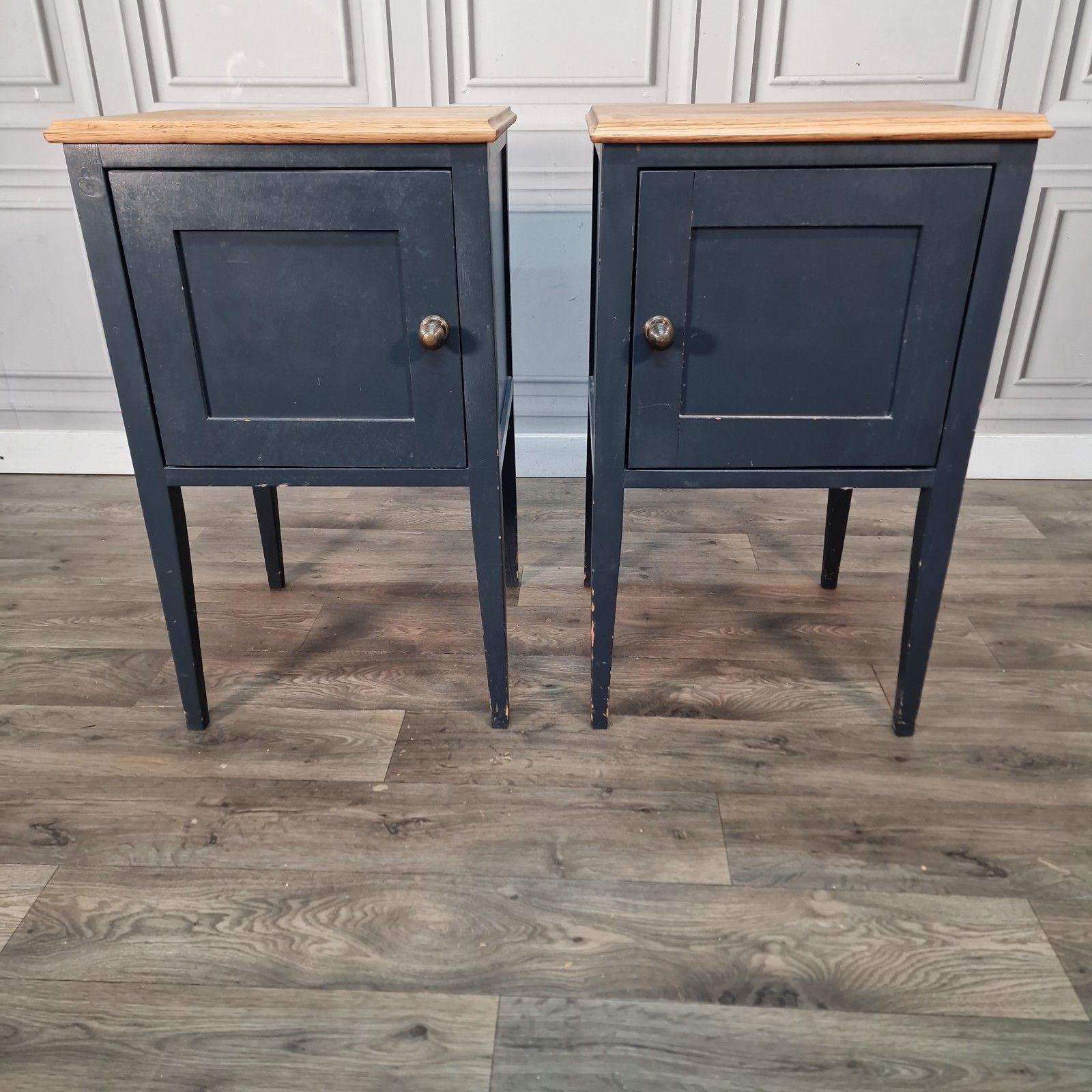 Vintage Pair Bedside Cabinets Painted Oak Top Wooden Nightstands Pot Cupboards photo buy