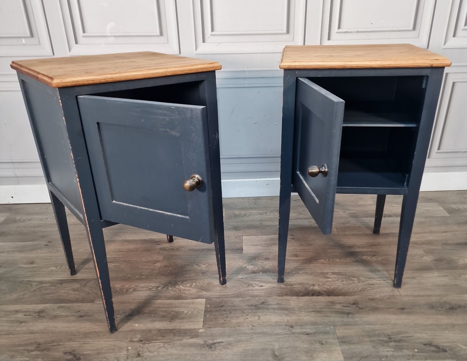 Vintage Pair Bedside Cabinets Painted Oak Top Wooden Nightstands Pot Cupboards photo Furniture