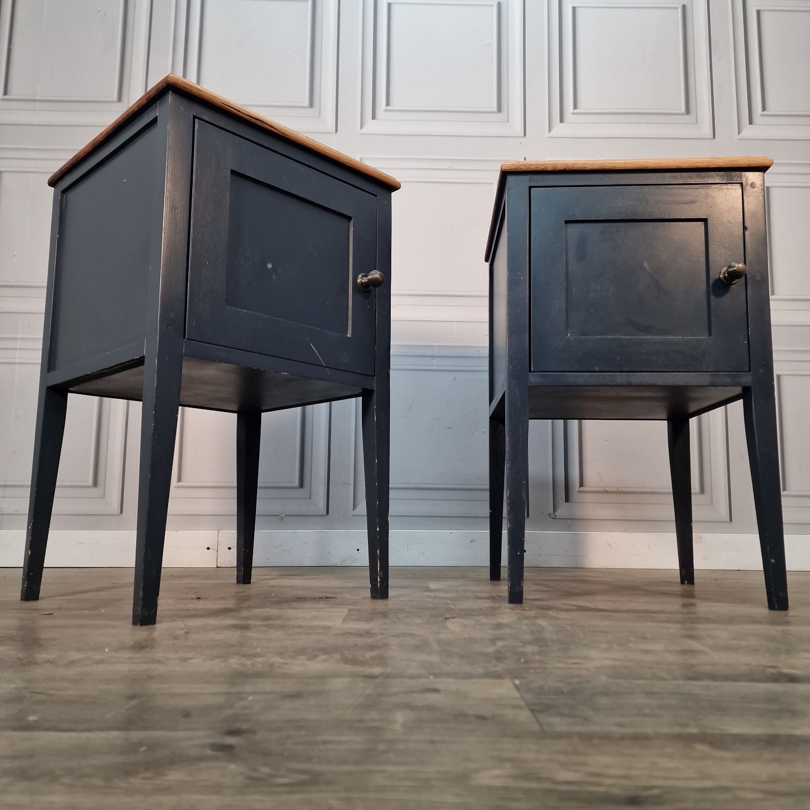 Vintage Pair Bedside Cabinets Painted Oak Top Wooden Nightstands Pot Cupboards photo for sale