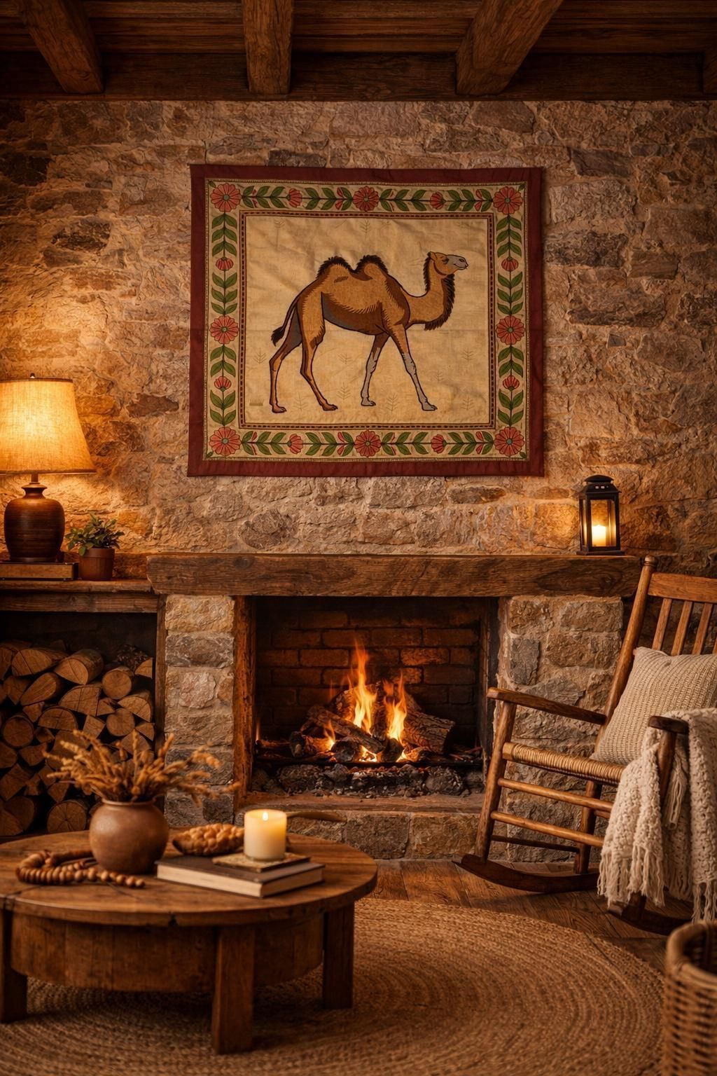 Mughal Kashmiri Embroidery Camel Rustic Desert Tapestry: Vintage Boho Silk Wall Hanging (36x48 Inches.) photo furniture