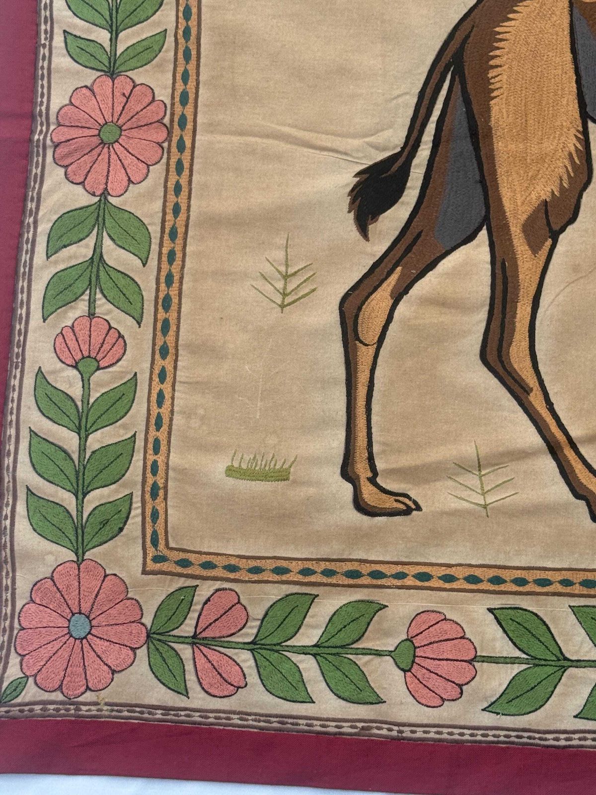Mughal Kashmiri Embroidery Camel Rustic Desert Tapestry: Vintage Boho Silk Wall Hanging (36x48 Inches.) photo 355.0