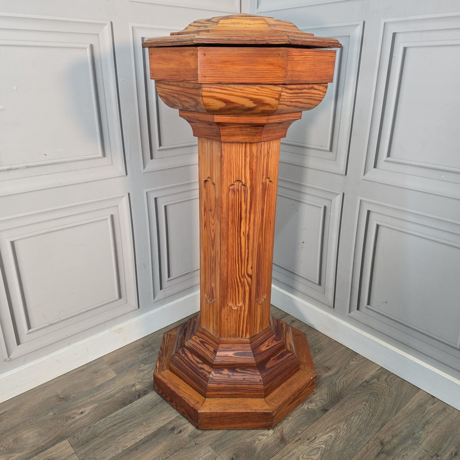 Vintage Wooden Church Font Gothic Revival Plant Stand Bust Display Column Table photo furniture