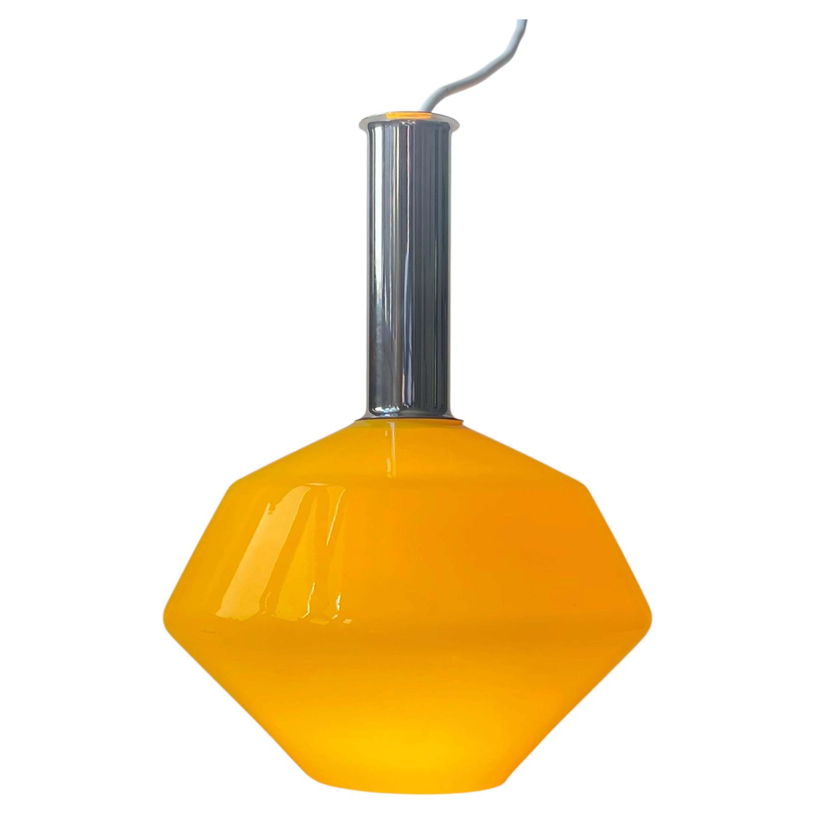 Vintage Yellow Italian Pendant Lamp In Cased Glass & Chrome Plating, 1970s