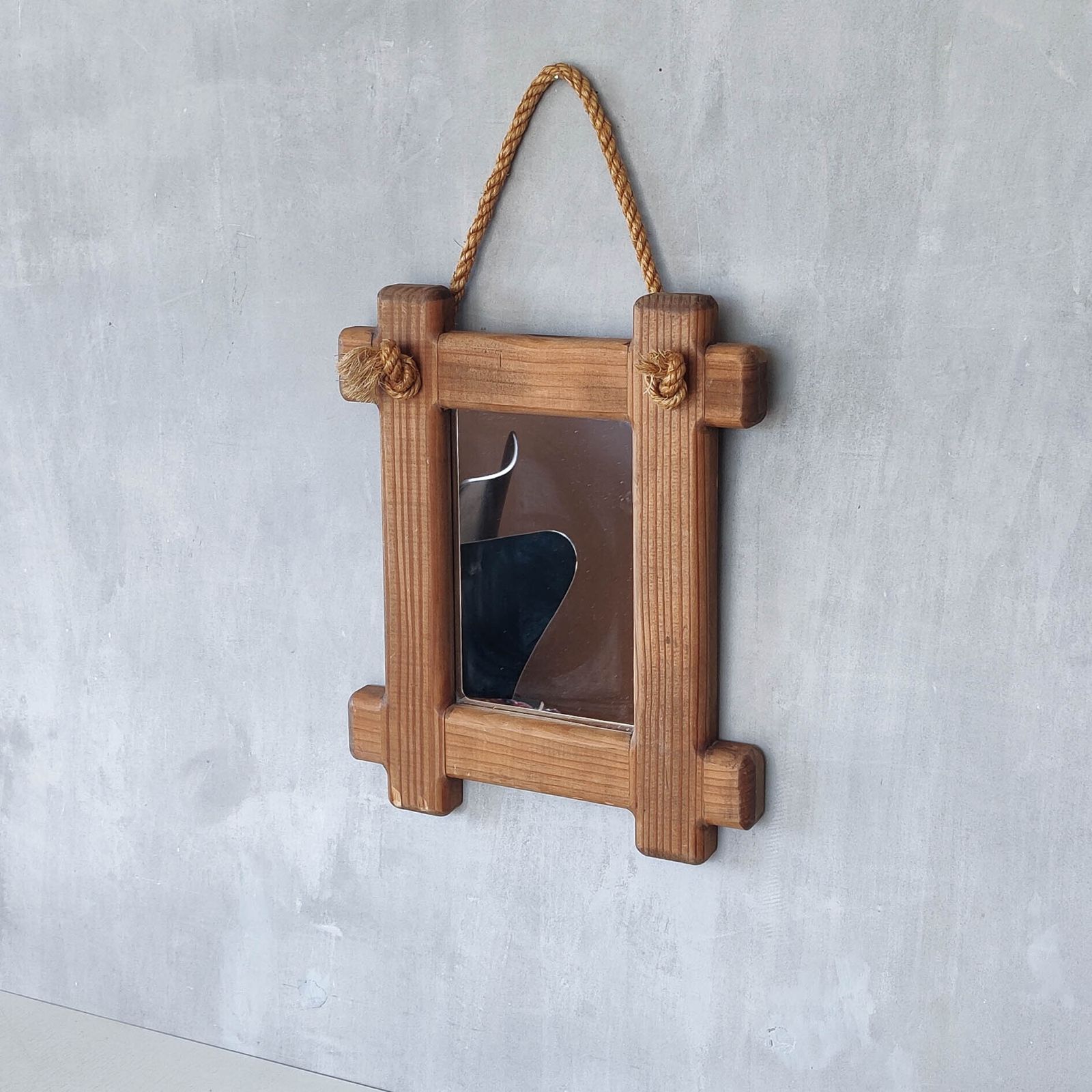 A Vintage Chunky Pine Cross Corner Oxford Frame Mirror With Knotted Rope photo for sale