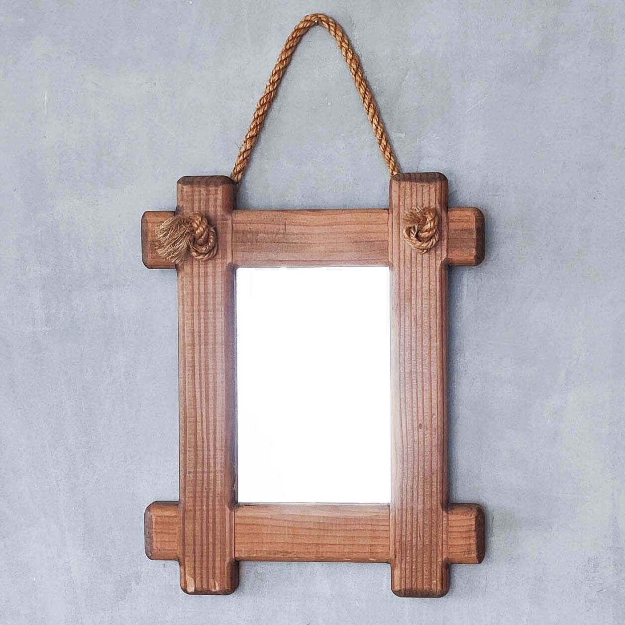 A Vintage Chunky Pine Cross Corner Oxford Frame Mirror With Knotted Rope photo buy