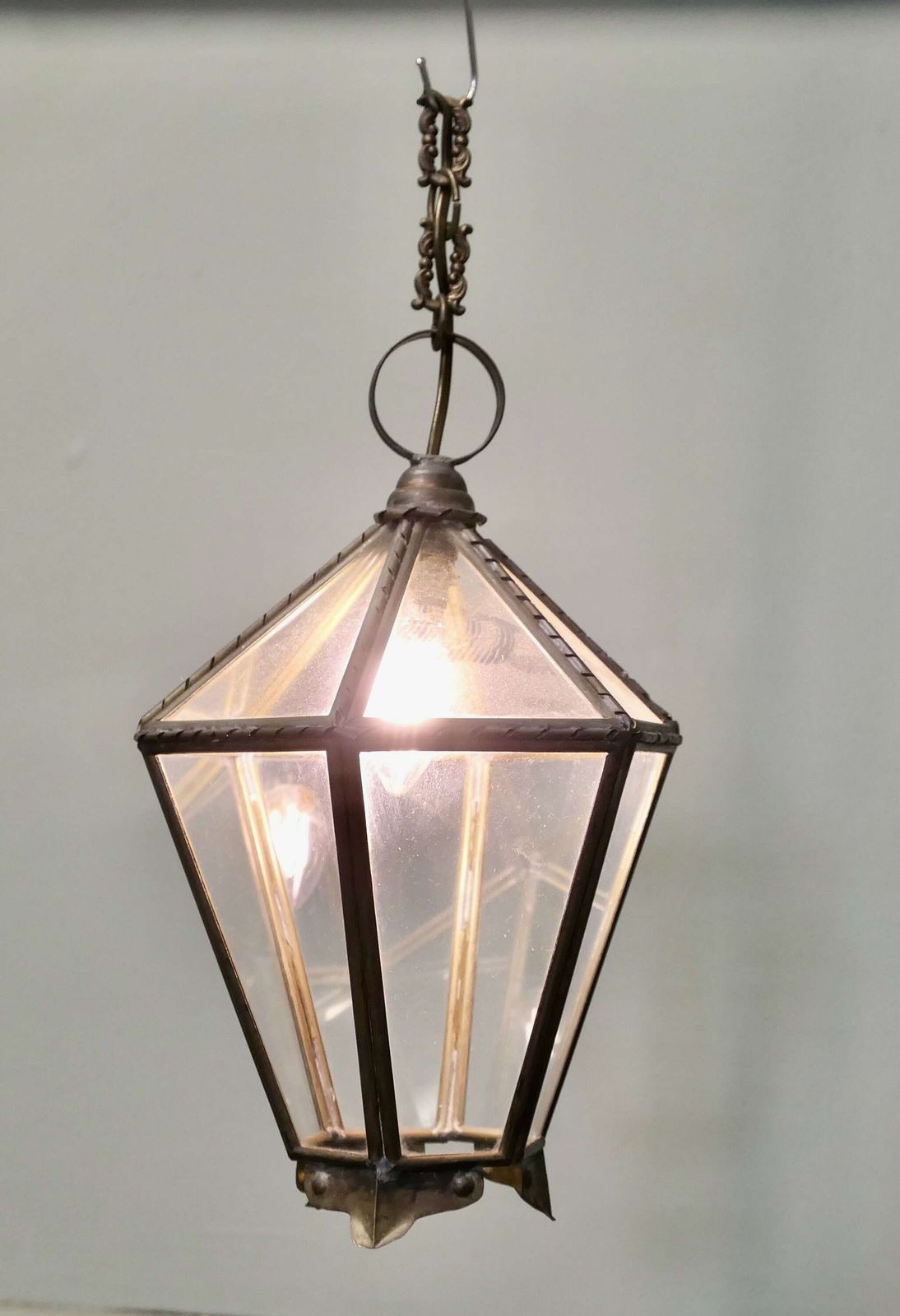 Arts And Crafts Brass & Glass Hall Lantern A Lovely Age Darkened Brass Lantern
