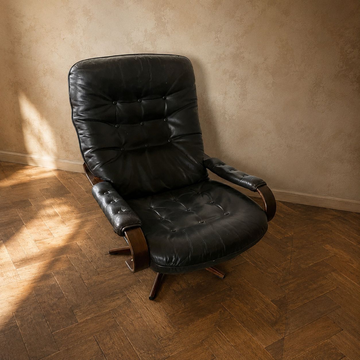 Scandinavian Style Black Leather Swivel Lounge Chair With Bentwood Frame, 1970s photo furniture