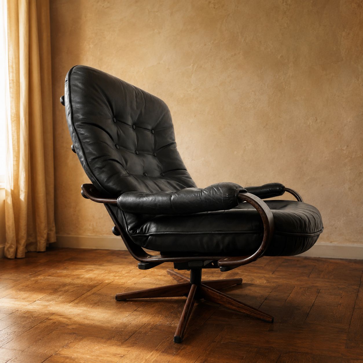 Scandinavische stijl zwartleren draaifauteuil met gebogen houten frame, jaren 1970 photo for sale