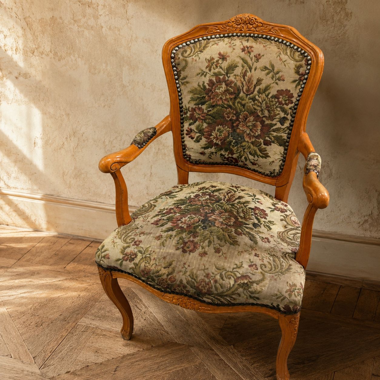 Louis XV Style Floral Tapestry Armchair With Carved Wood Frame, 1950s–1970s photo furniture