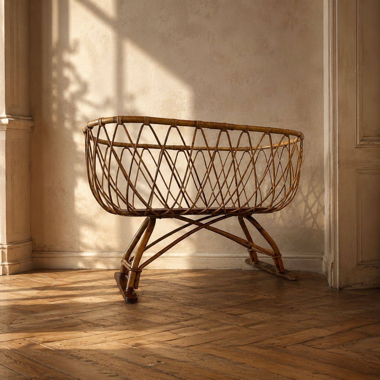 Vintage Rattan Wicker Baby Bassinet On Stand, 1970s, Europe photo furniture