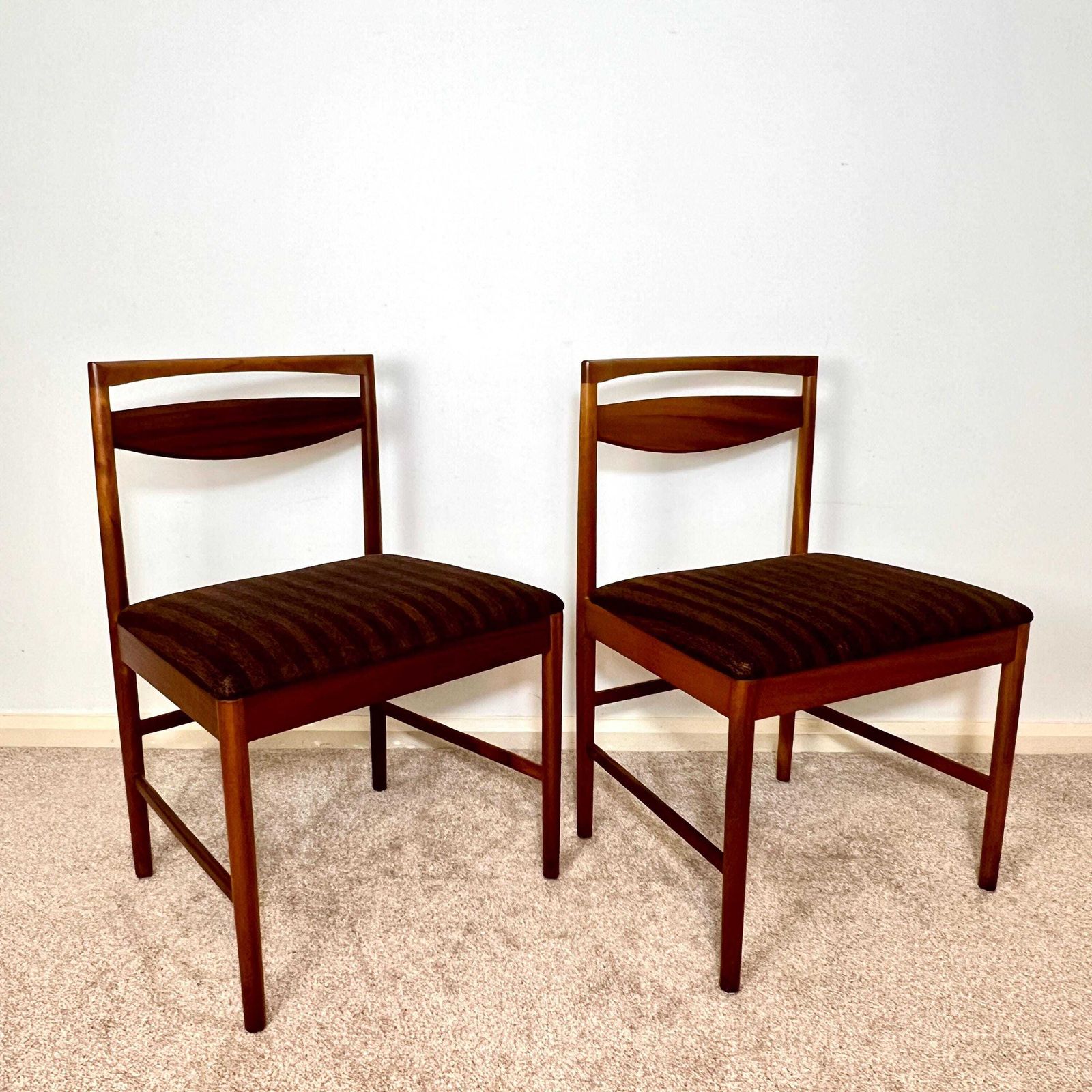 A Pair Of Mid Century McIntosh Teak Dining Chairs, Brown Boucle Upholstery