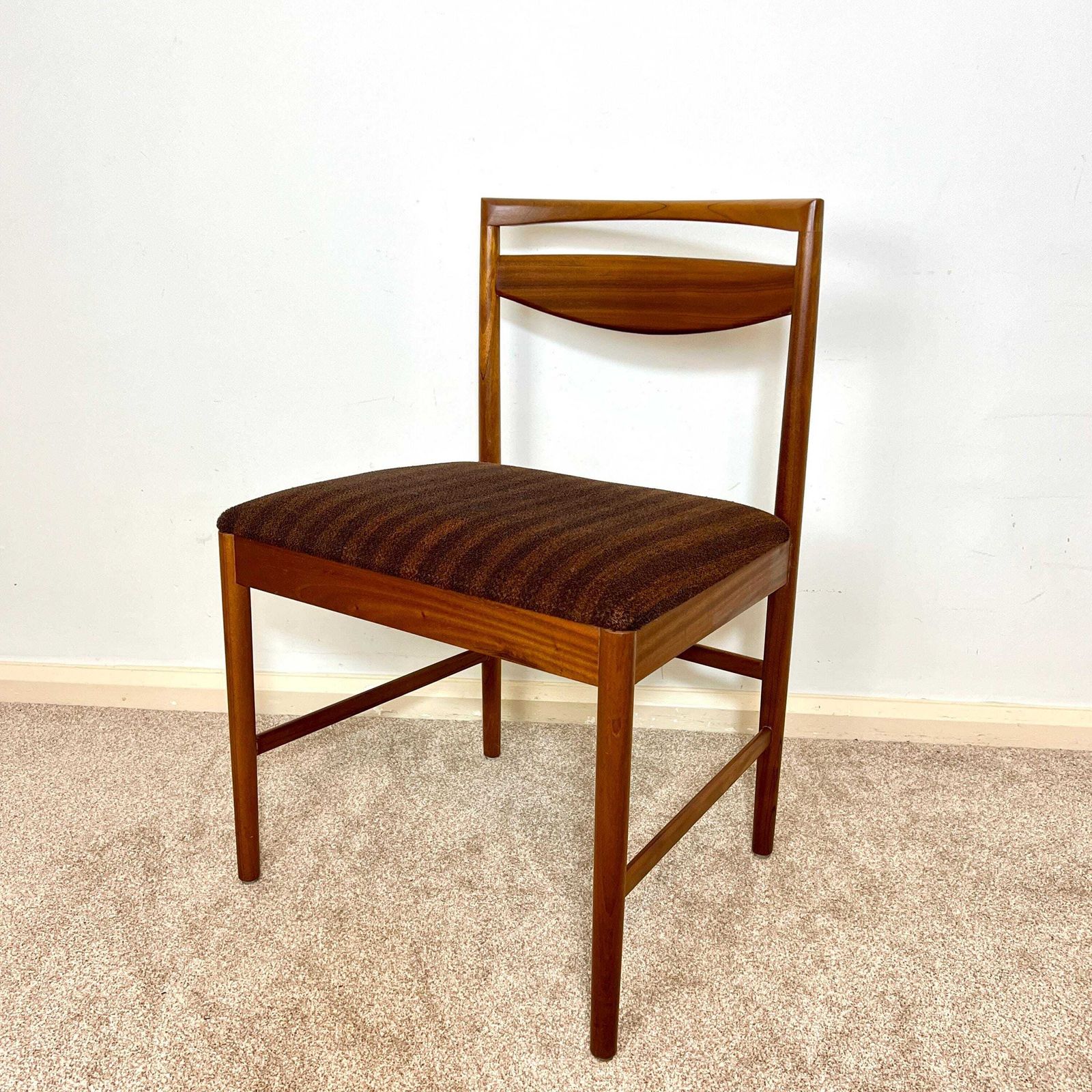 A Pair Of Mid Century McIntosh Teak Dining Chairs, Brown Boucle Upholstery photo vintage