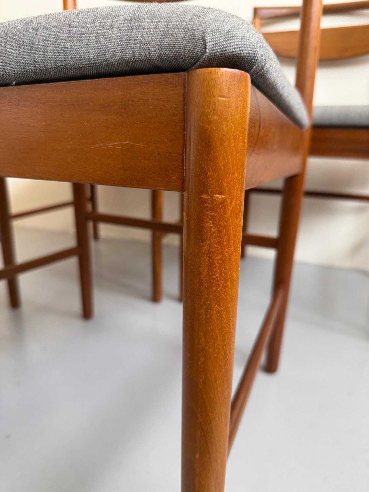 Set Of 4 Teak McIntosh Mid Century Dining Chairs With Grey Kvadrat Seats photo vinterior