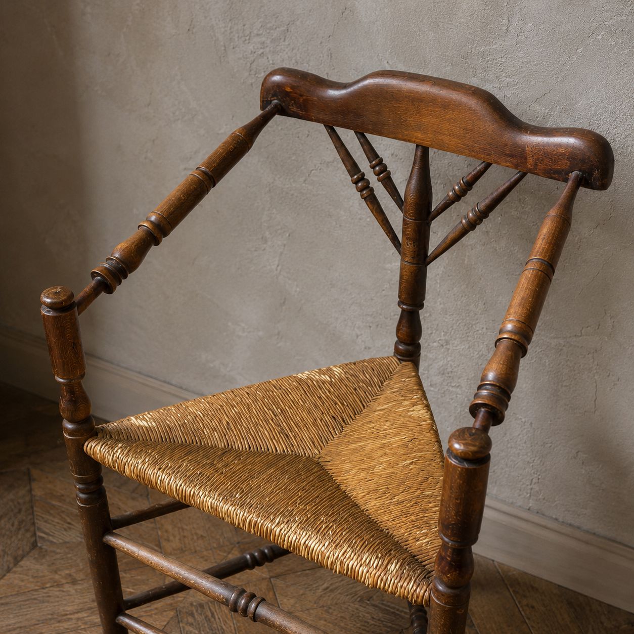 Antieke hoekstoel met biezen zitting, ca. 1880–1910 photo for sale