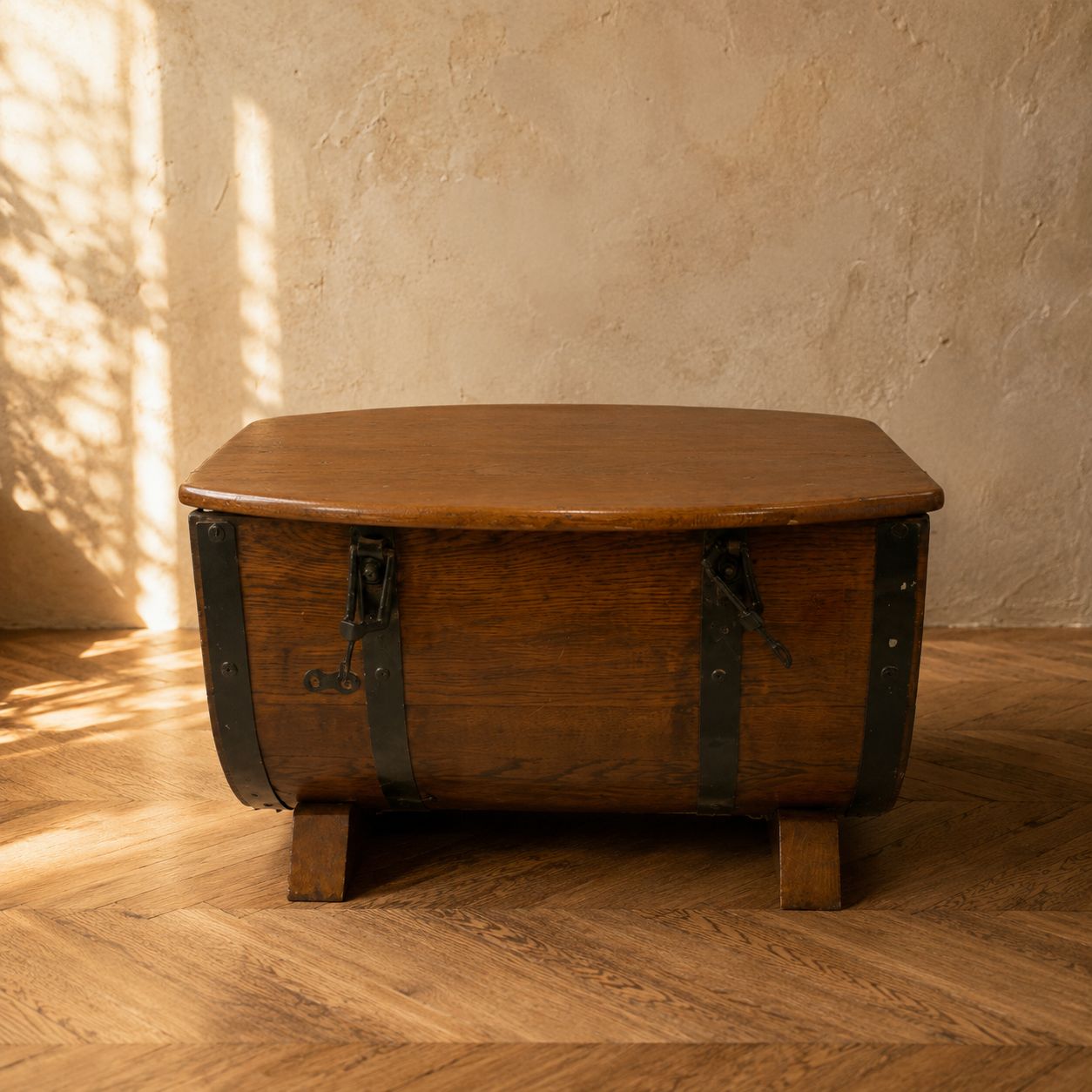 Oak Barrel Form Storage Chest With Black Metal Straps, 1930s 1940s