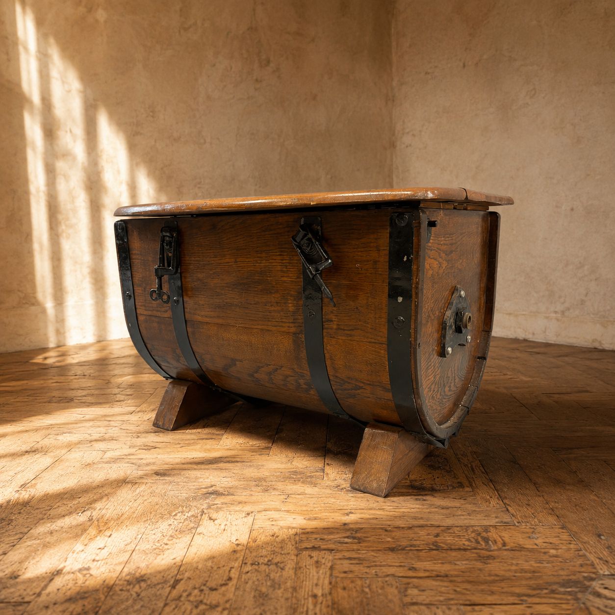 Eikenhouten opbergkist in tonvorm met zwarte metalen banden, jaren 1930–1940 photo furniture
