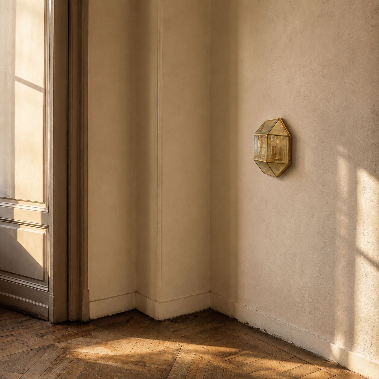 Geometrische wandlamp van messing en glas, jaren 1980 photo Verlichting