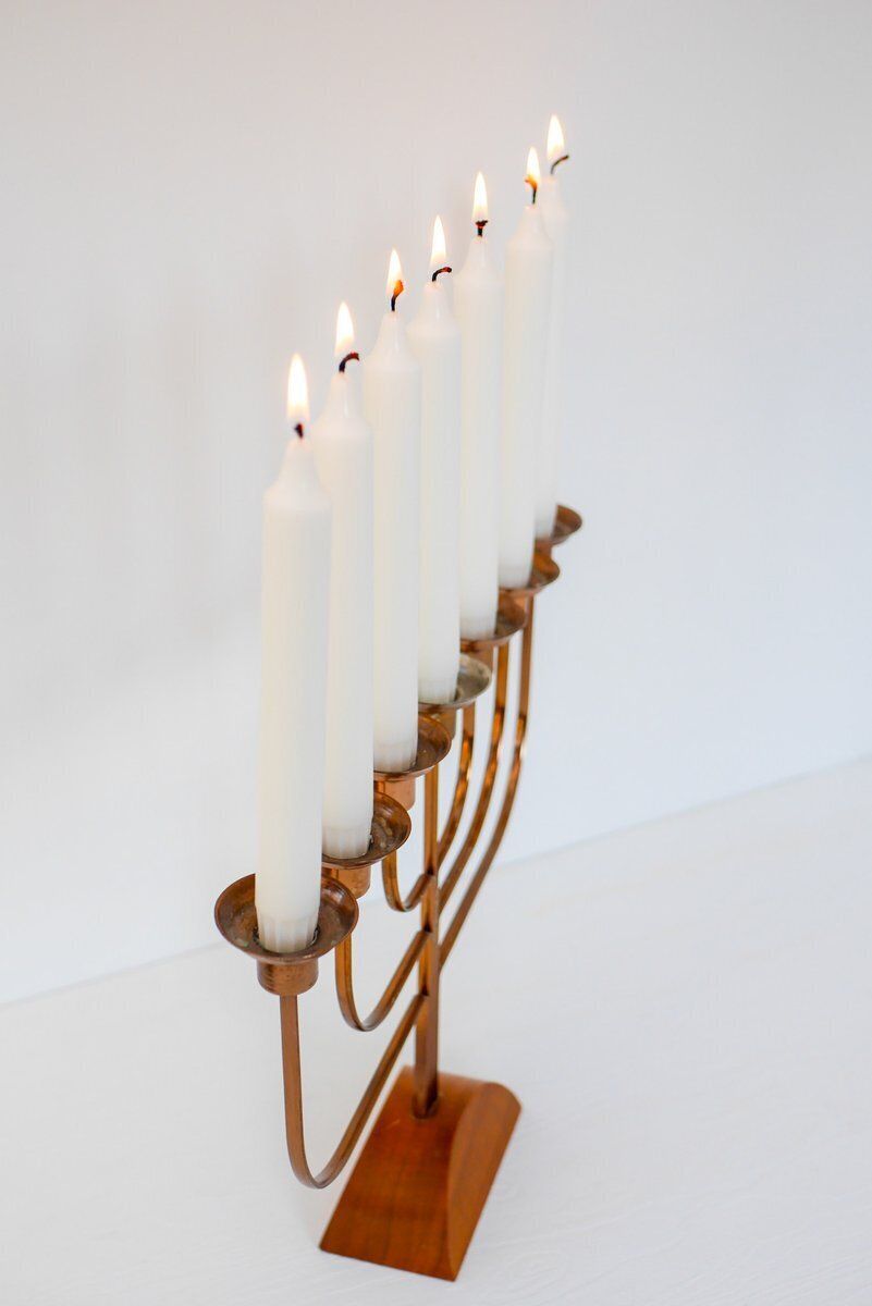 Large Vintage Brass And Elm Candelabra, 1940s photo vinterior